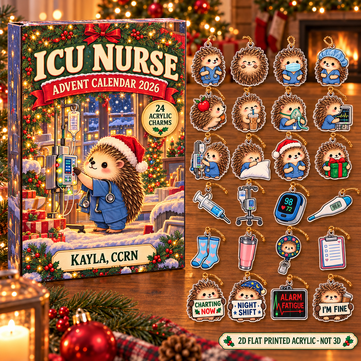 Personalized ICU Nurse Hedgehog advent calendar box with 24 flat acrylic Christmas charms