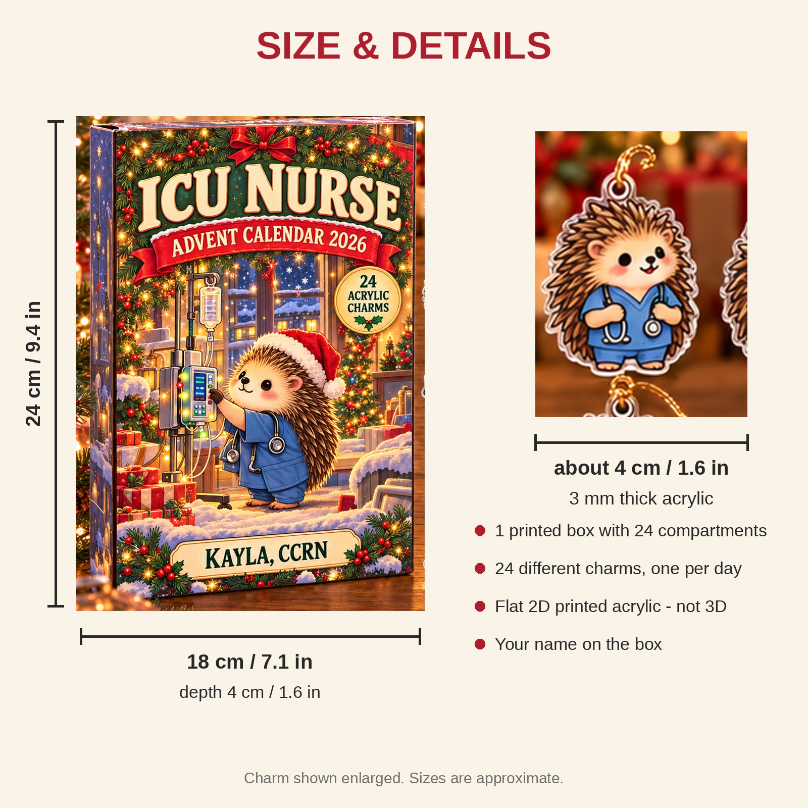 Personalized ICU Nurse Hedgehog advent calendar box with 24 flat acrylic Christmas charms: box and charm sizes