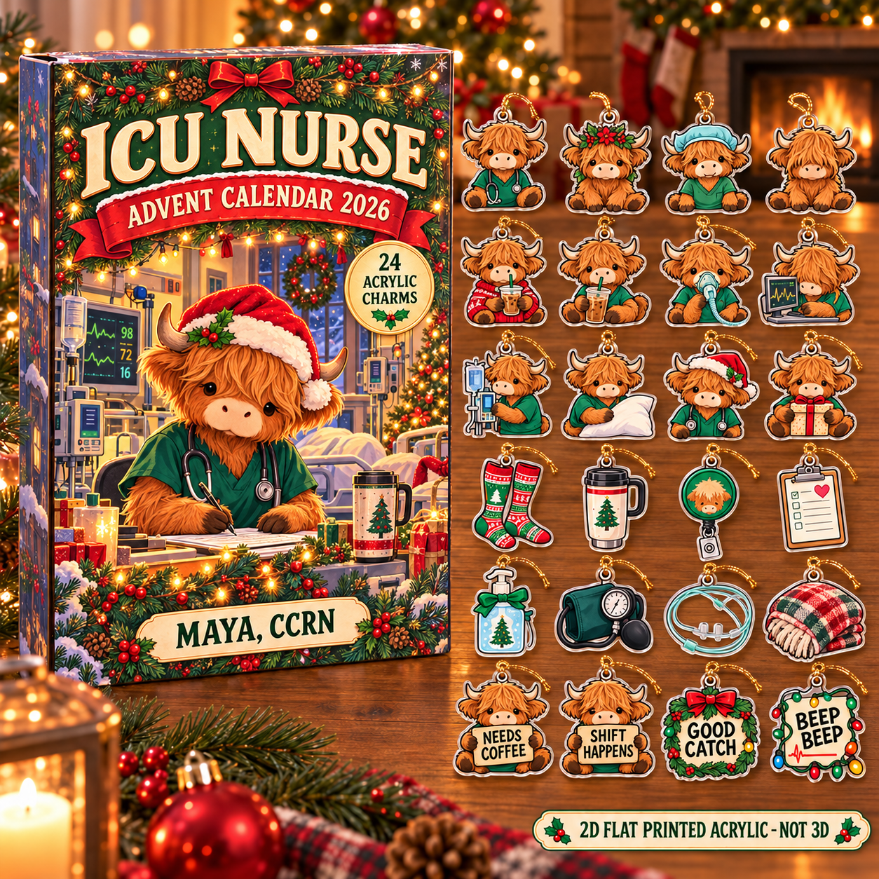 Personalized ICU Nurse Highland Cow advent calendar box with 24 flat acrylic Christmas charms