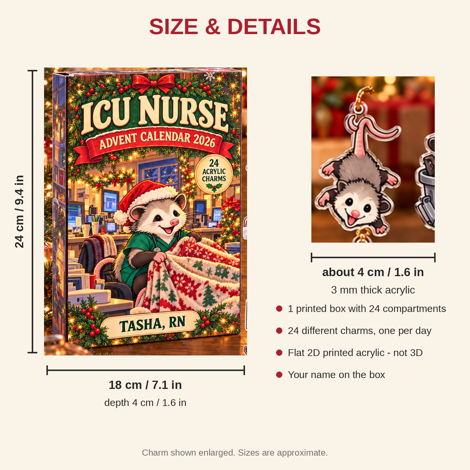 Personalized ICU Nurse Opossum advent calendar box with 24 flat acrylic Christmas charms: box and charm sizes