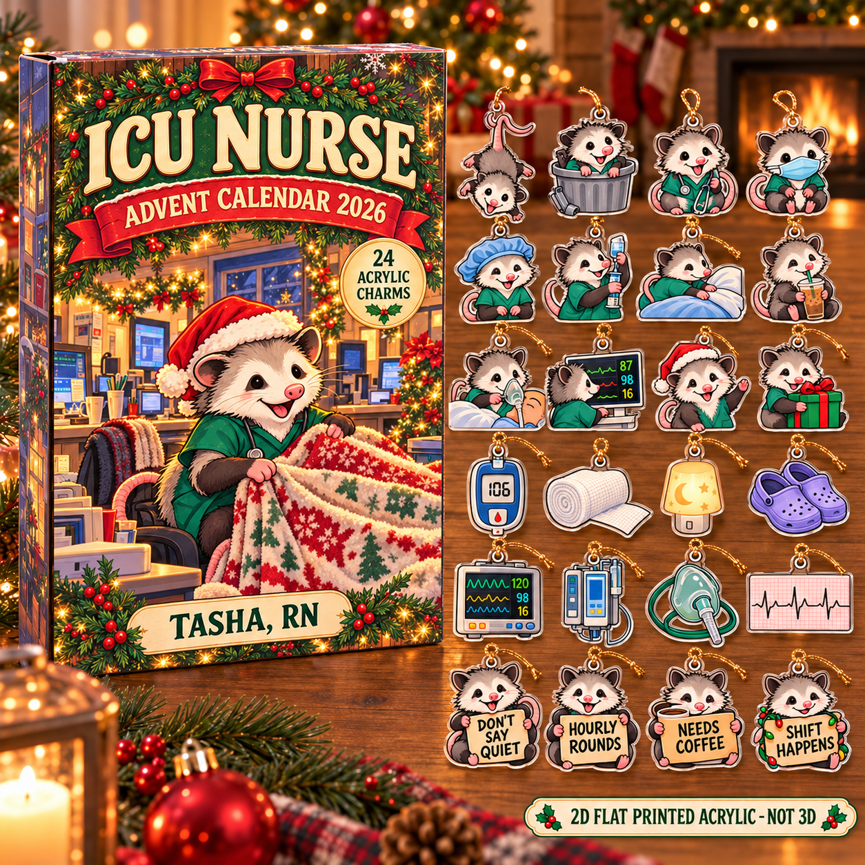 Personalized ICU Nurse Opossum advent calendar box with 24 flat acrylic Christmas charms