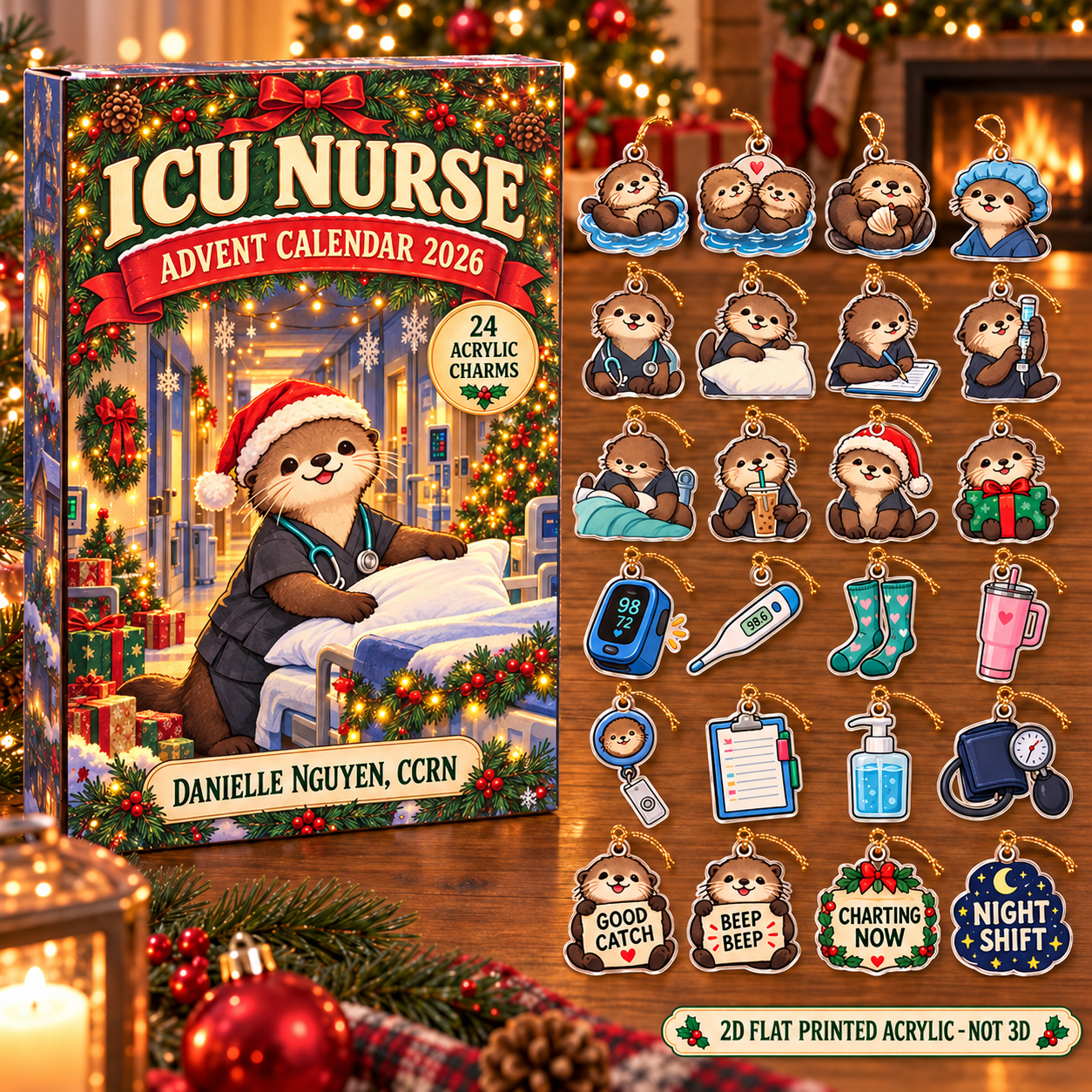 Personalized ICU Nurse Otter advent calendar box with 24 flat acrylic Christmas charms