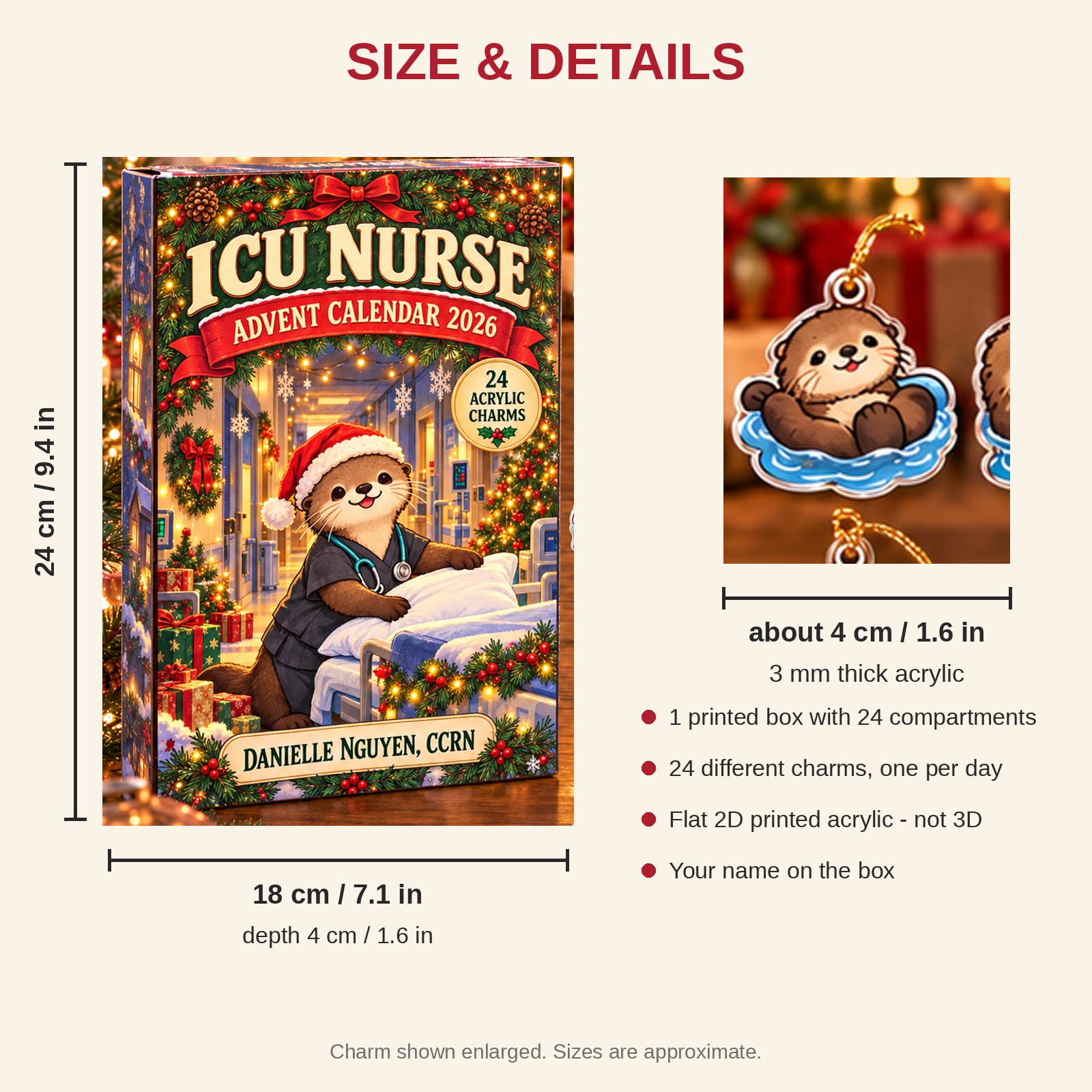 Personalized ICU Nurse Otter advent calendar box with 24 flat acrylic Christmas charms: box and charm sizes