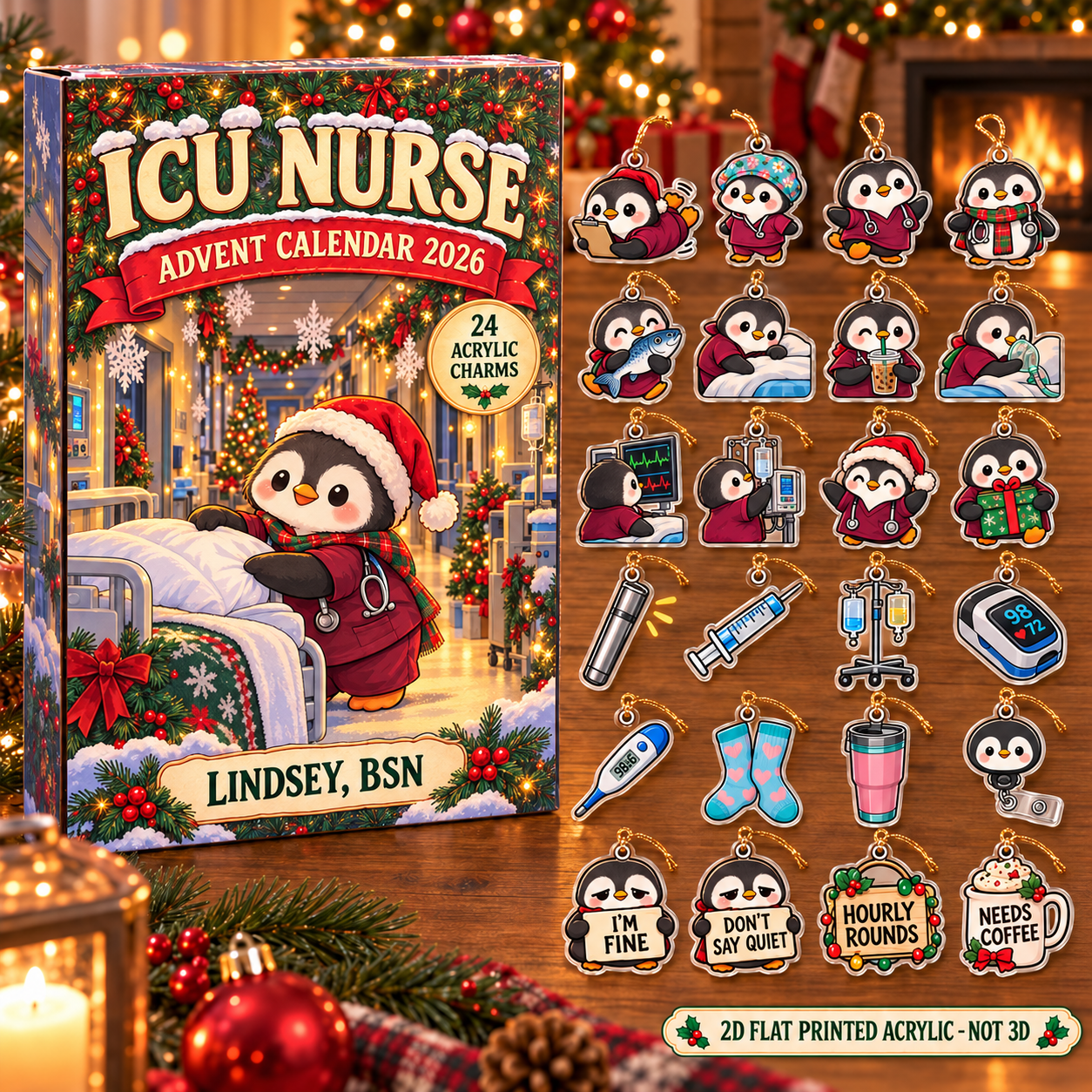 Personalized ICU Nurse Penguin advent calendar box with 24 flat acrylic Christmas charms