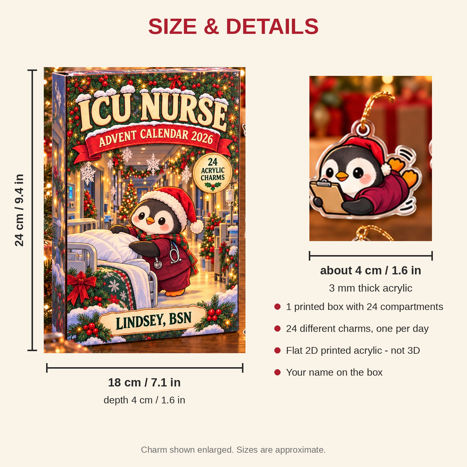 Personalized ICU Nurse Penguin advent calendar box with 24 flat acrylic Christmas charms: box and charm sizes