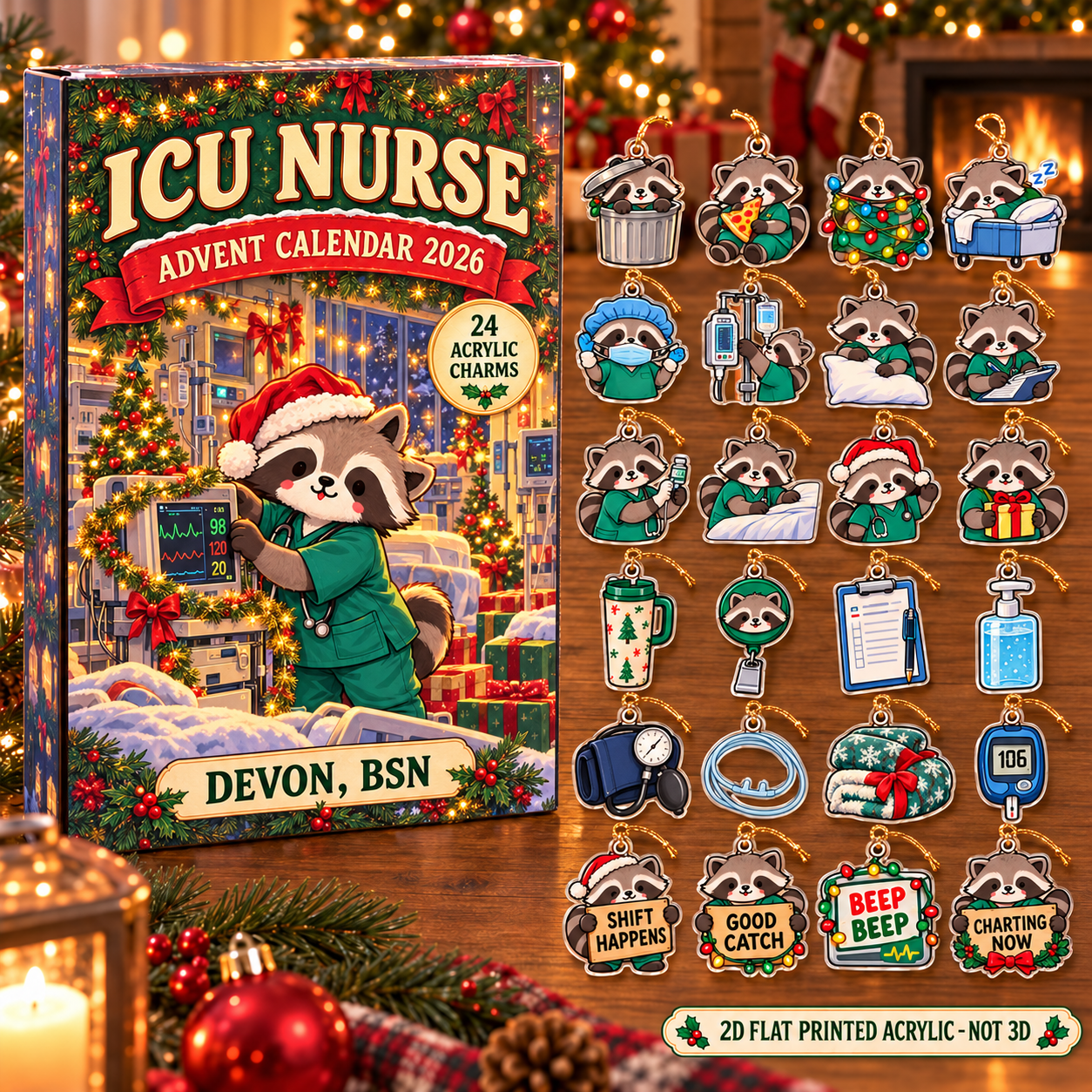 Personalized ICU Nurse Raccoon advent calendar box with 24 flat acrylic Christmas charms