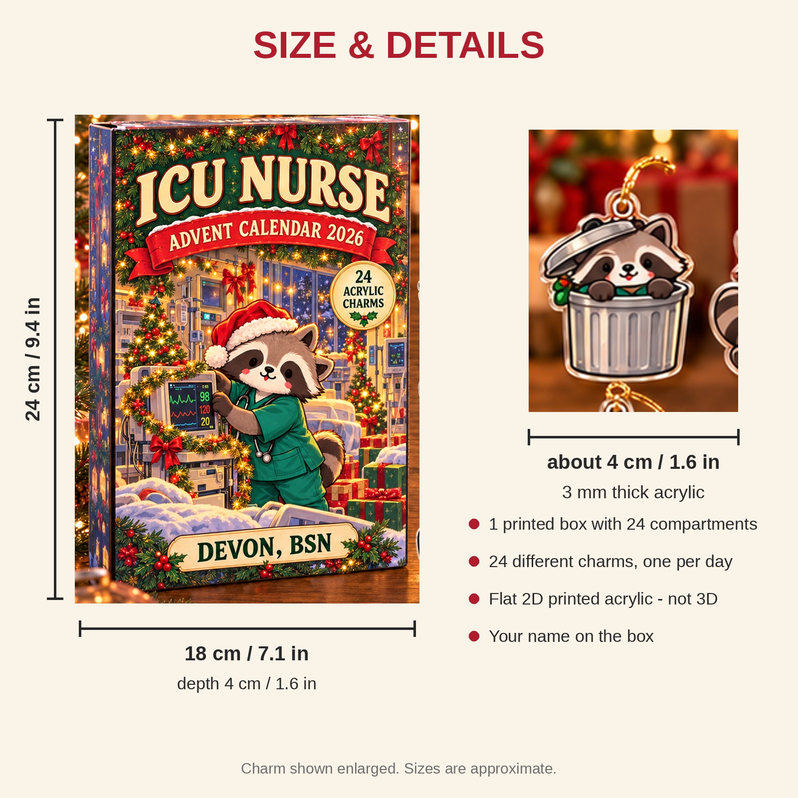 Personalized ICU Nurse Raccoon advent calendar box with 24 flat acrylic Christmas charms: box and charm sizes