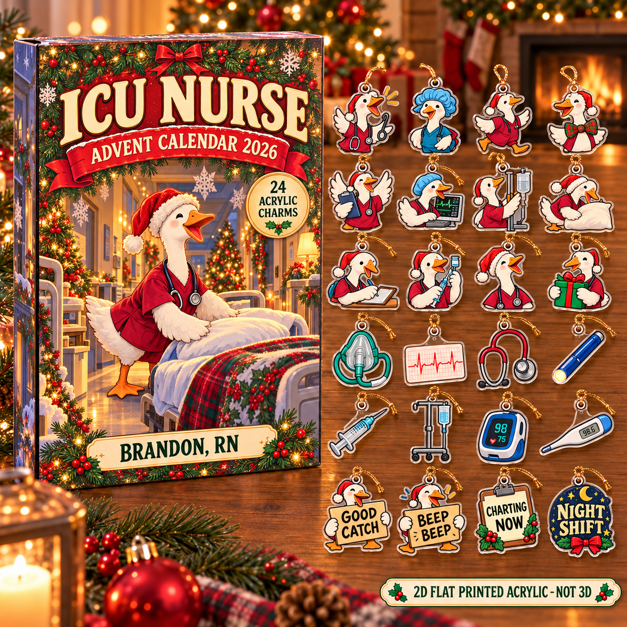 Personalized ICU Nurse Silly Goose advent calendar box with 24 flat acrylic Christmas charms