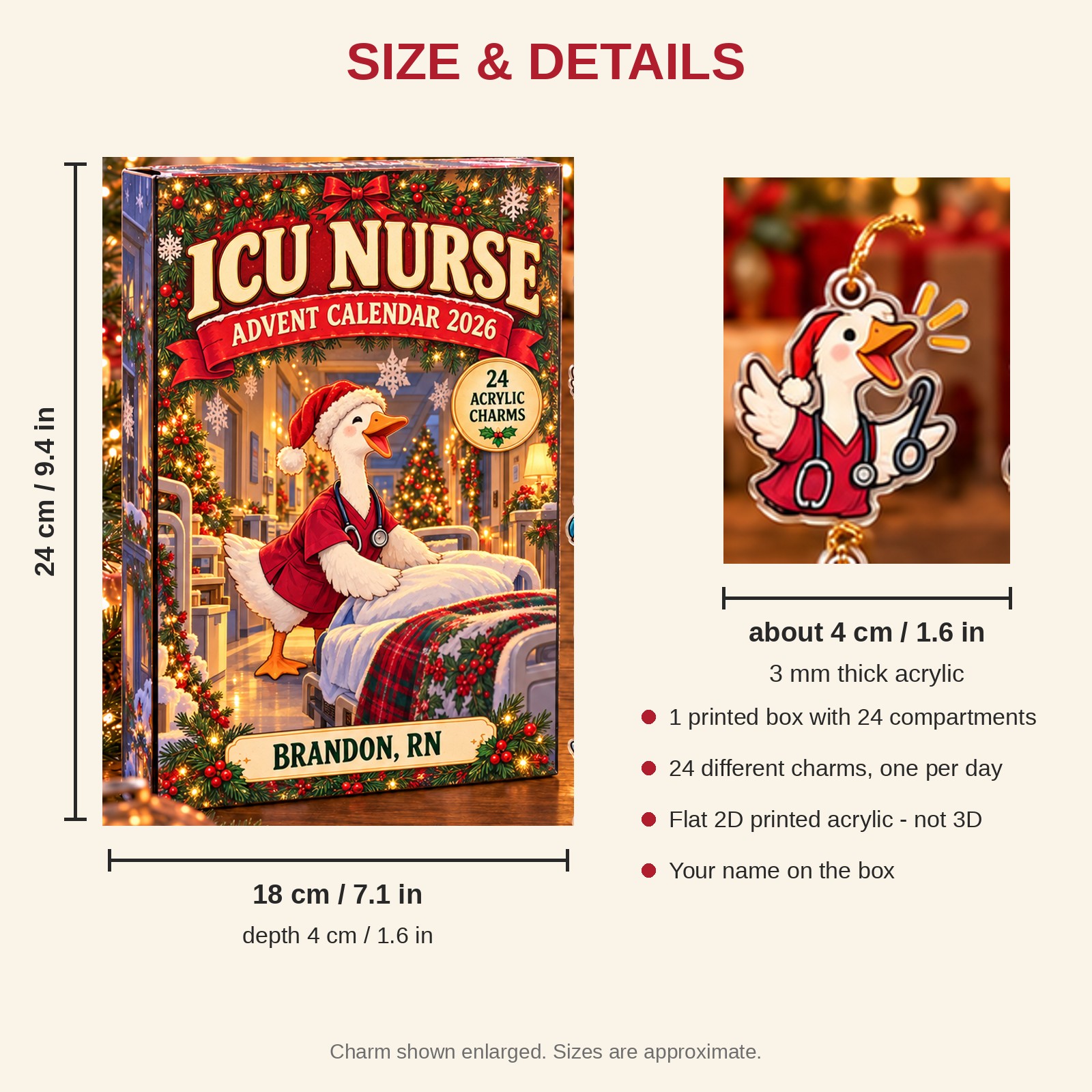 Personalized ICU Nurse Silly Goose advent calendar box with 24 flat acrylic Christmas charms: box and charm sizes