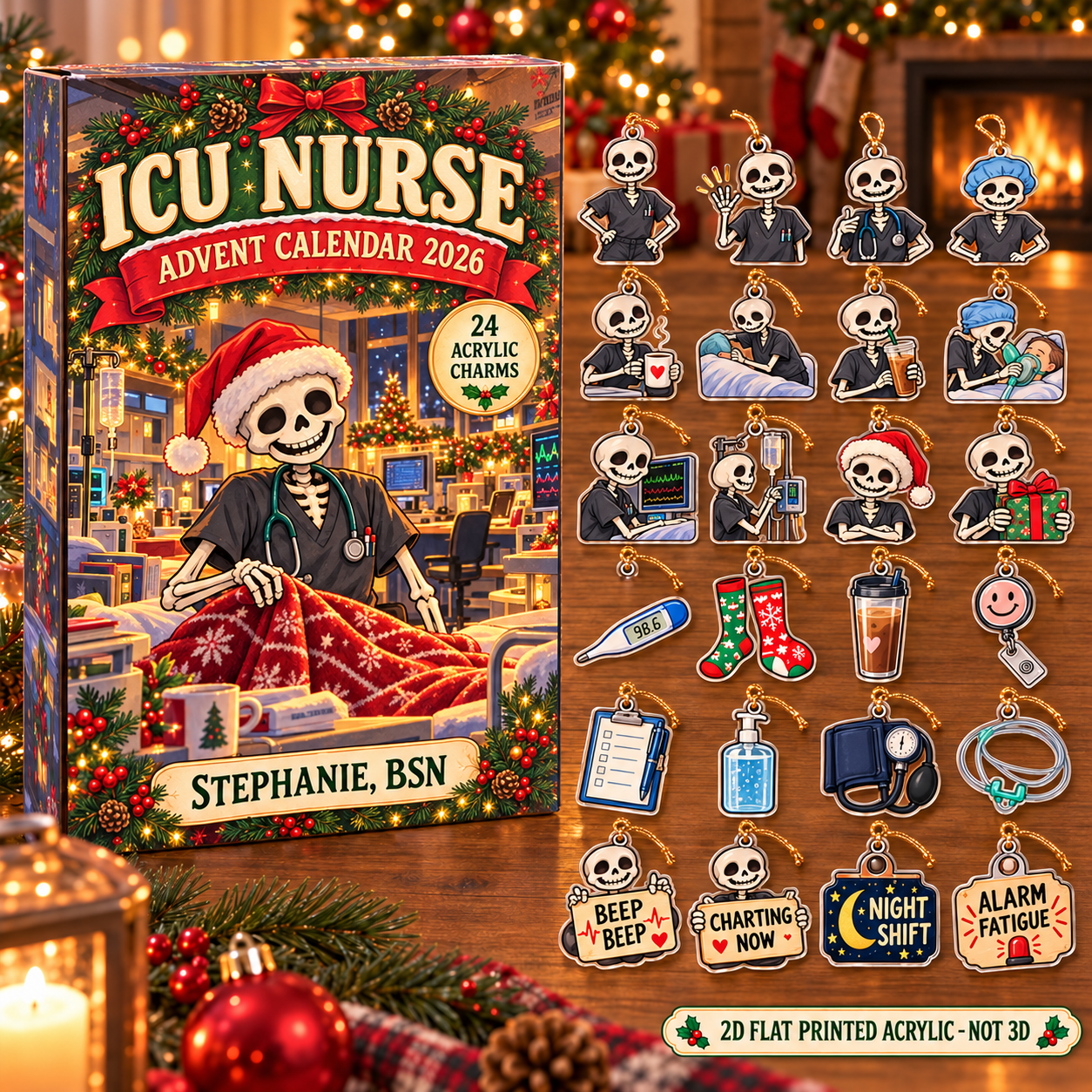 Personalized Skeleton ICU Nurse advent calendar box with 24 flat acrylic Christmas charms