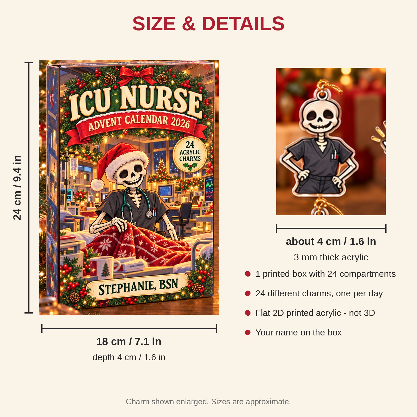 Personalized Skeleton ICU Nurse advent calendar box with 24 flat acrylic Christmas charms: box and charm sizes