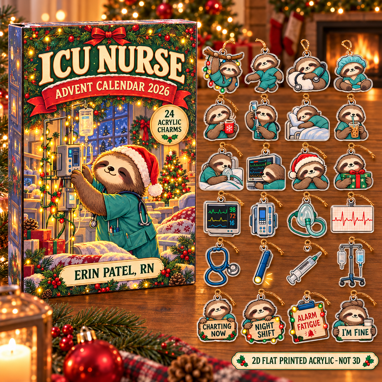 Personalized ICU Nurse Sloth advent calendar box with 24 flat acrylic Christmas charms