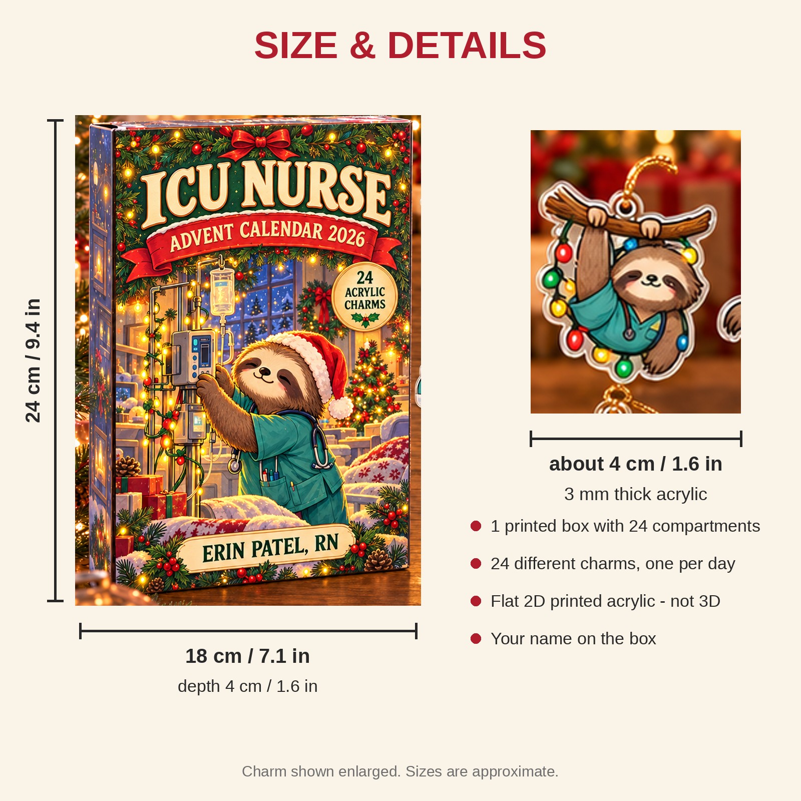 Personalized ICU Nurse Sloth advent calendar box with 24 flat acrylic Christmas charms: box and charm sizes
