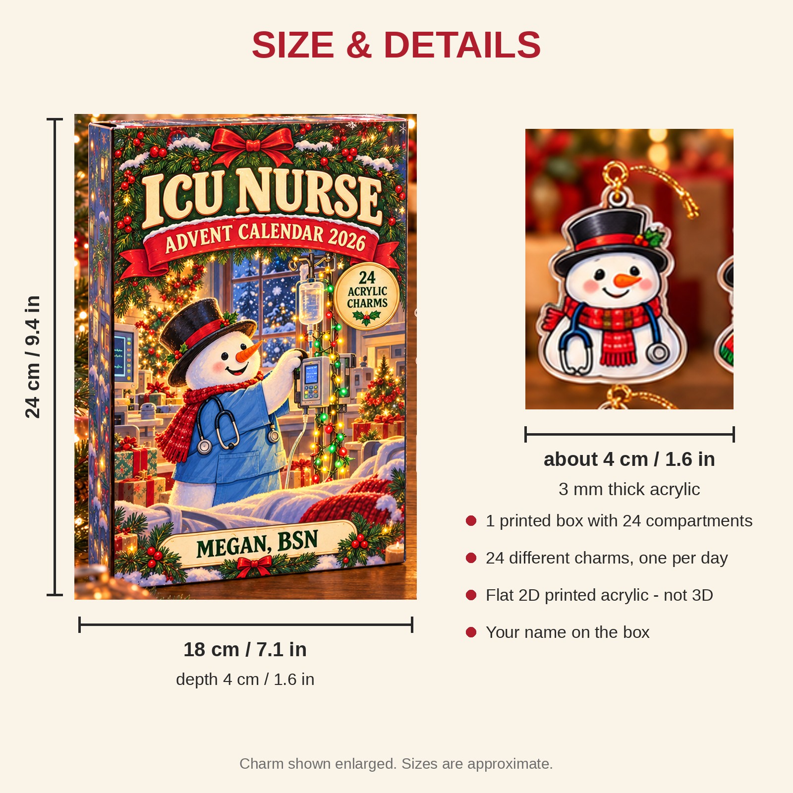 Personalized Snowman ICU Nurse advent calendar box with 24 flat acrylic Christmas charms: box and charm sizes