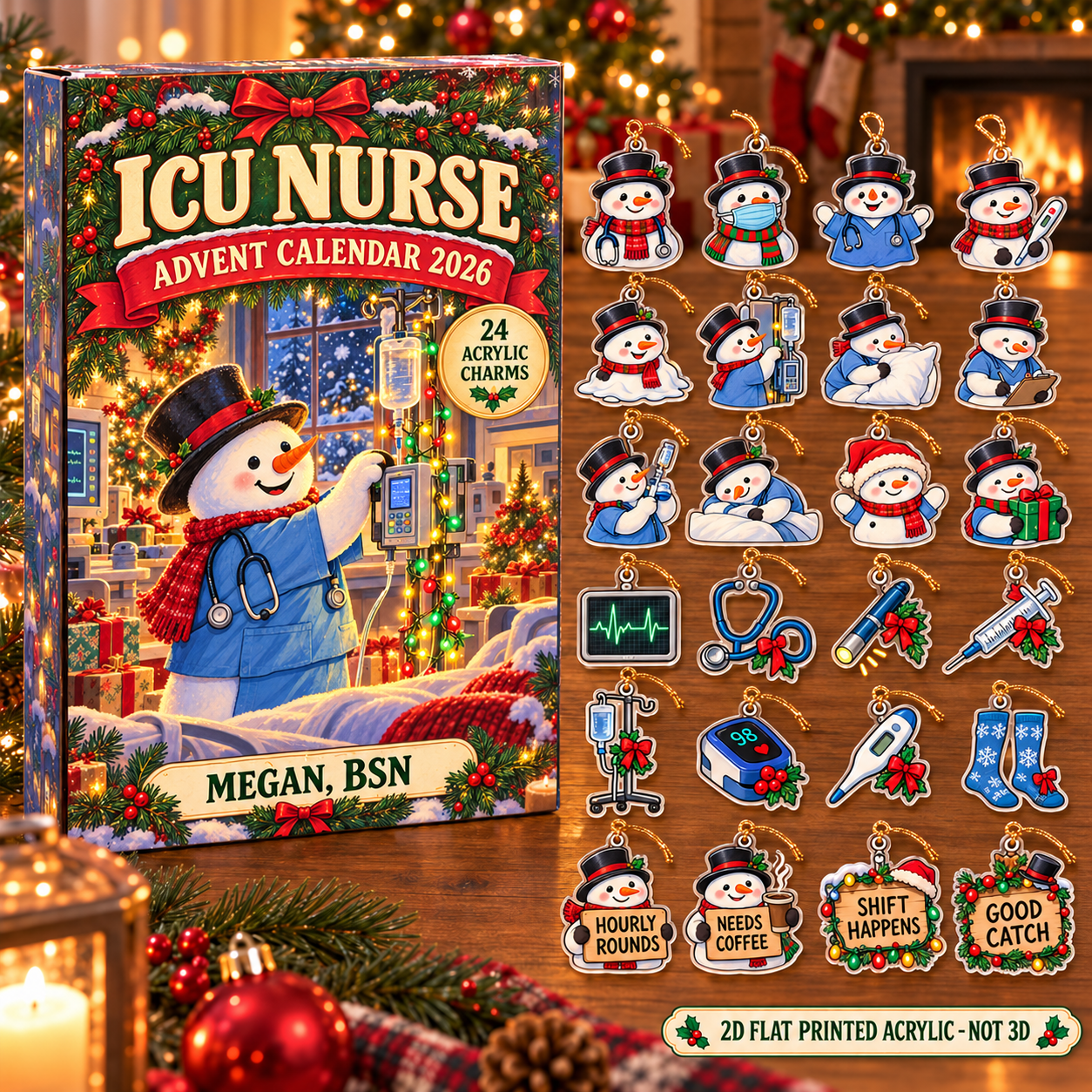 Personalized Snowman ICU Nurse advent calendar box with 24 flat acrylic Christmas charms