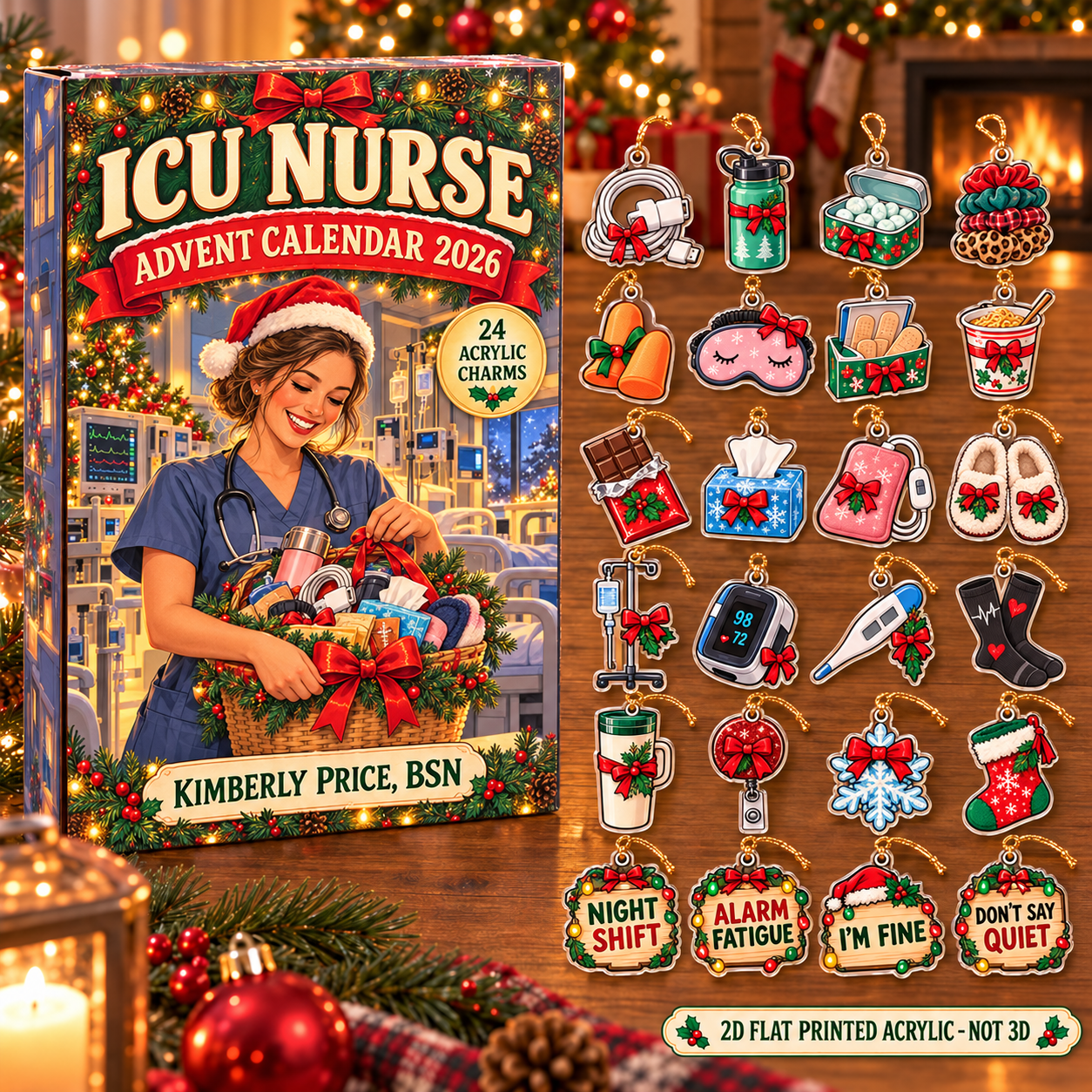 Personalized ICU Nurse Survival Kit advent calendar box with 24 flat acrylic Christmas charms