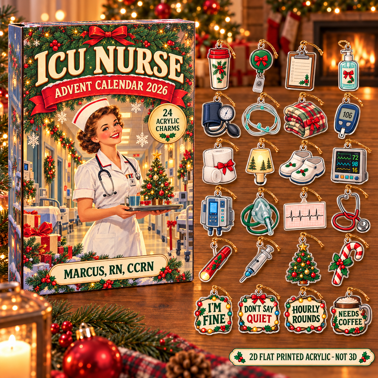 Personalized Vintage ICU Nurse advent calendar box with 24 flat acrylic Christmas charms