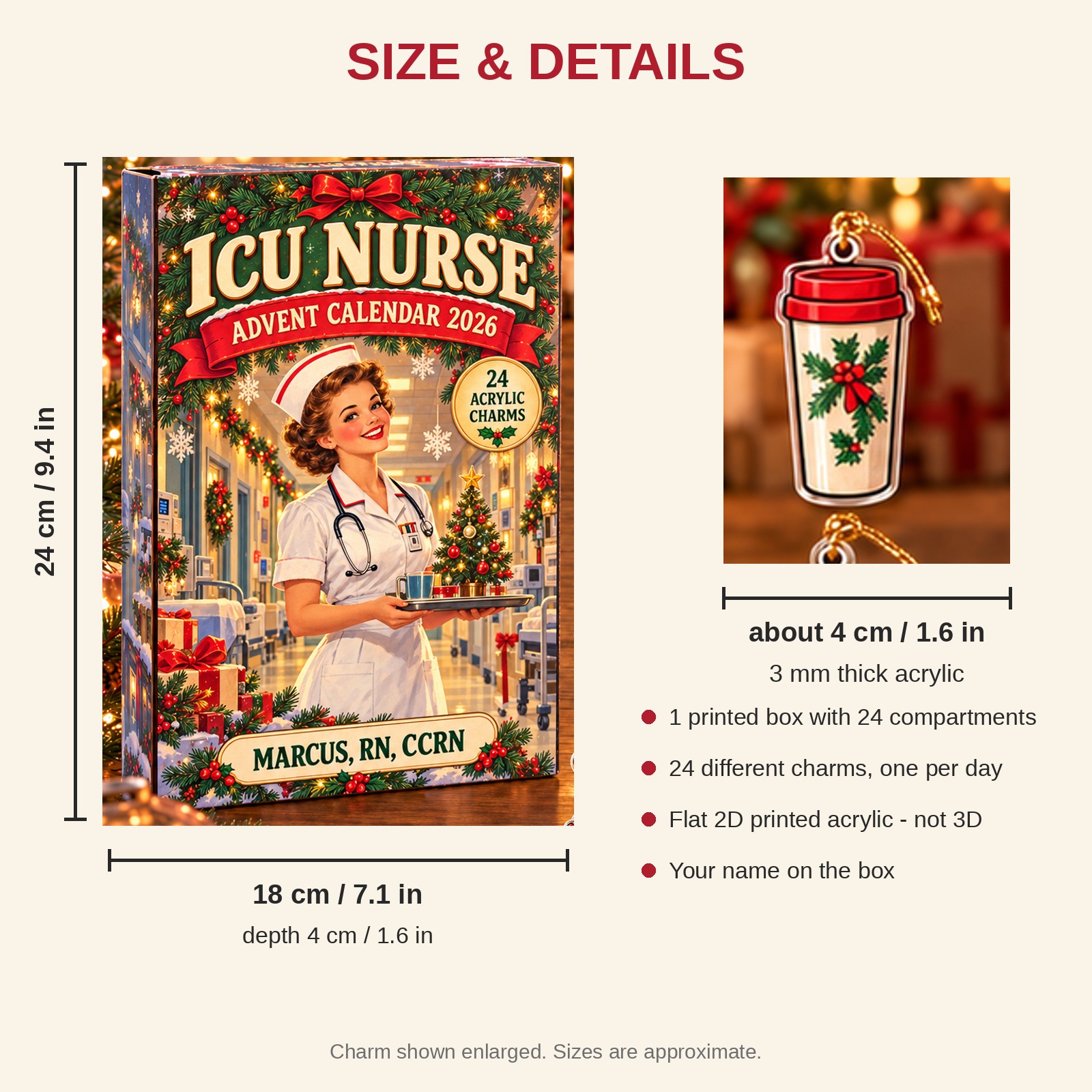 Personalized Vintage ICU Nurse advent calendar box with 24 flat acrylic Christmas charms: box and charm sizes