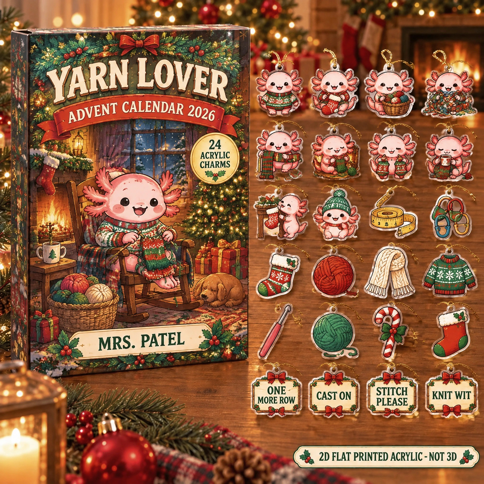 Personalized Knitting Axolotl advent calendar box with 24 flat acrylic Christmas charms