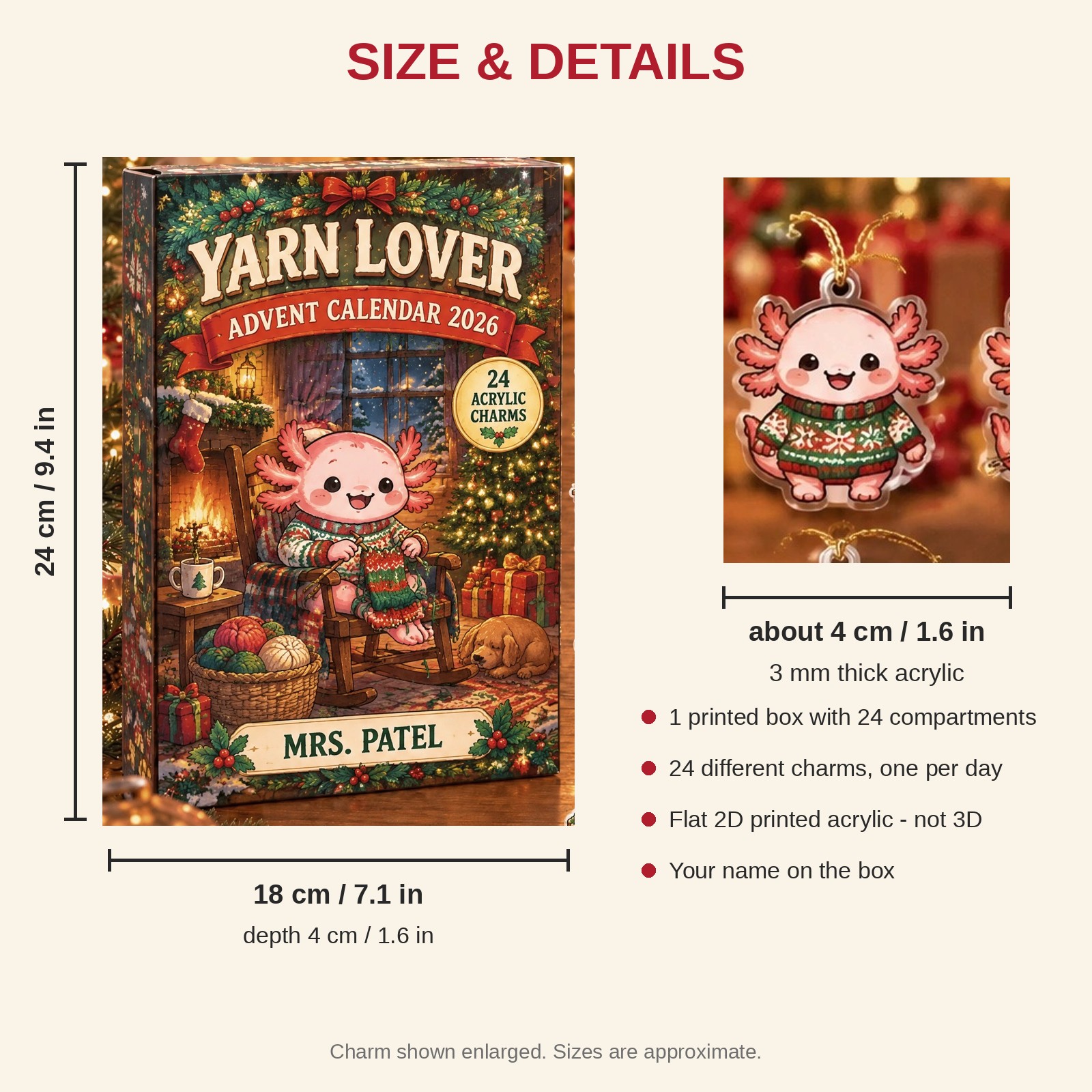 Personalized Knitting Axolotl advent calendar box with 24 flat acrylic Christmas charms: box and charm sizes