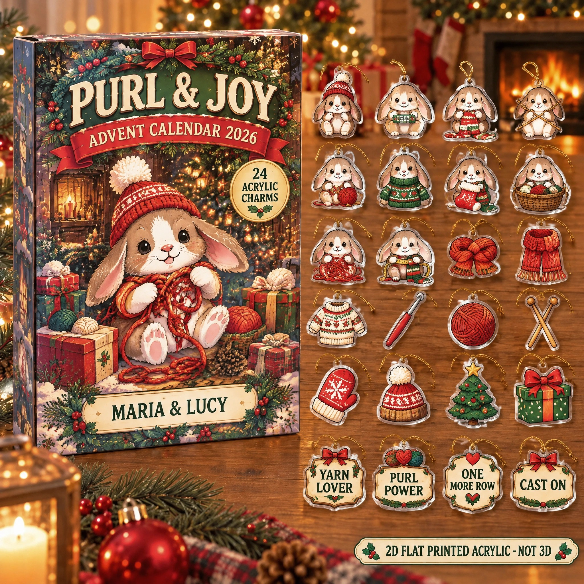 Personalized Knitting Bunny advent calendar box with 24 flat acrylic Christmas charms