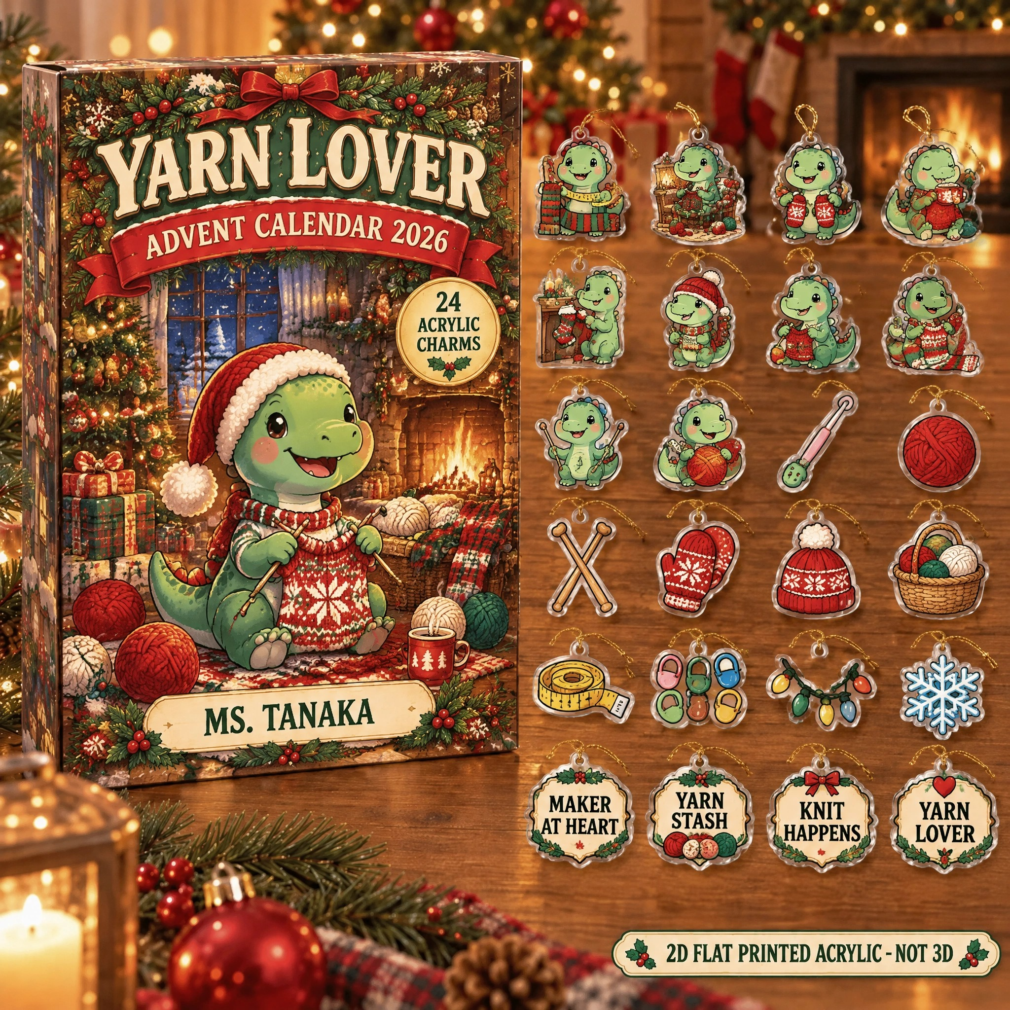 Personalized Knitting Dinosaur advent calendar box with 24 flat acrylic Christmas charms