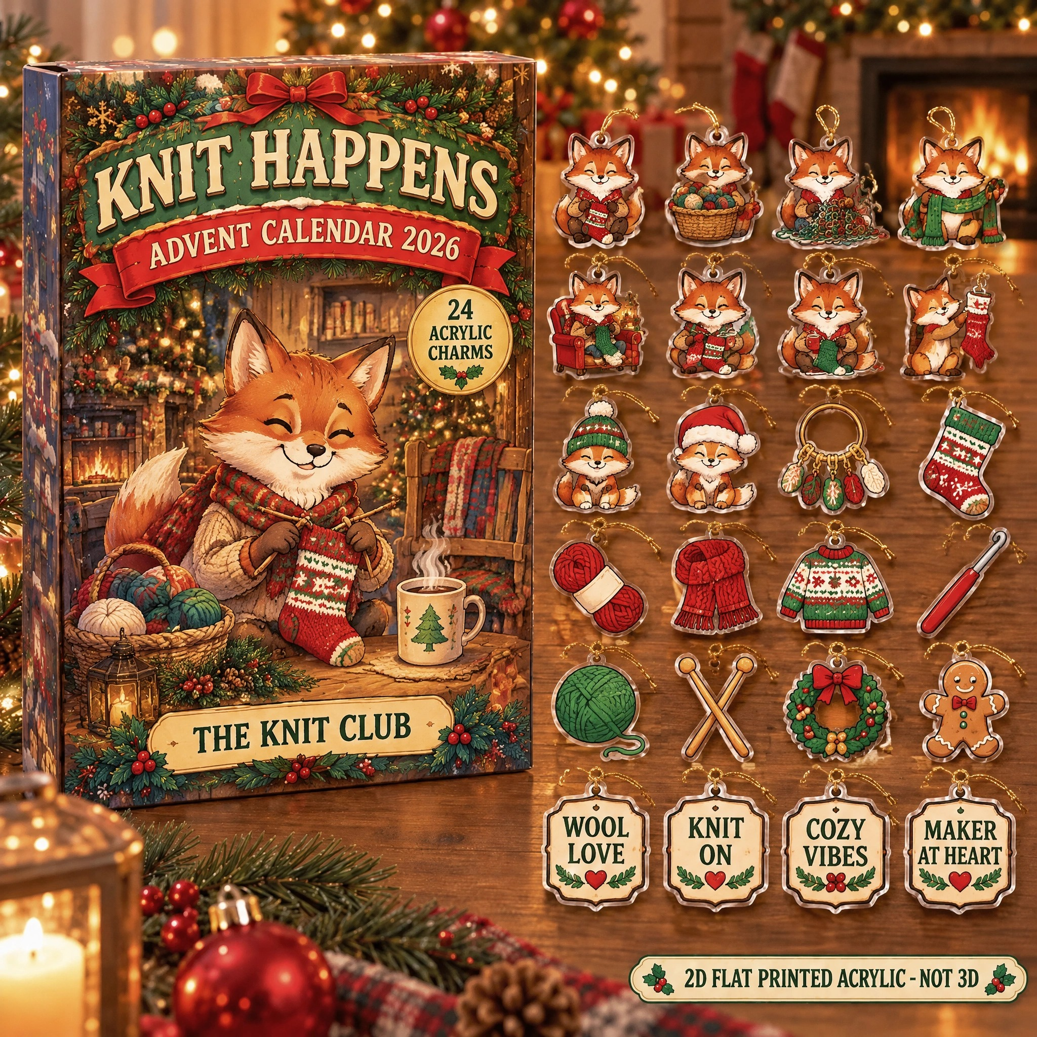 Personalized Knitting Fox advent calendar box with 24 flat acrylic Christmas charms