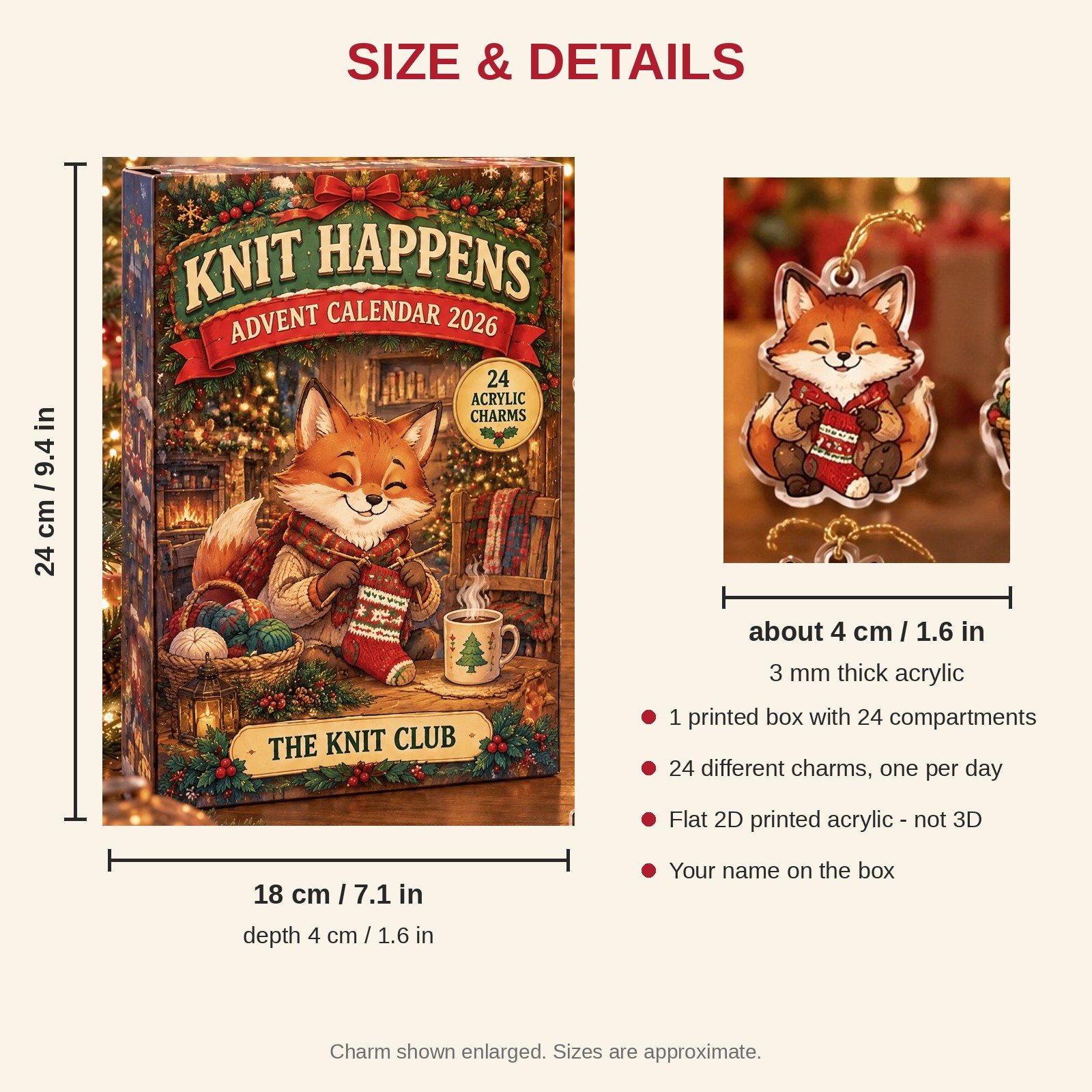 Personalized Knitting Fox advent calendar box with 24 flat acrylic Christmas charms: box and charm sizes