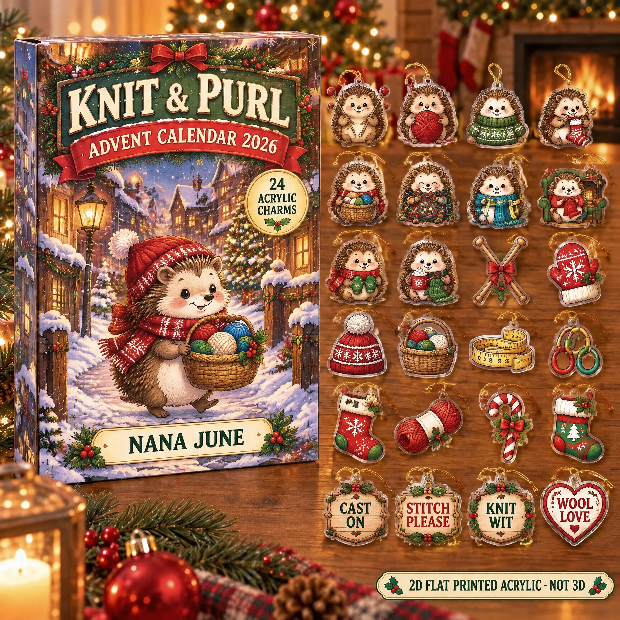 Personalized Knitting Hedgehog advent calendar box with 24 flat acrylic Christmas charms
