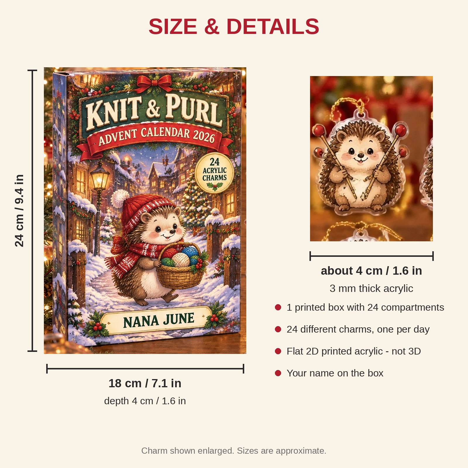Personalized Knitting Hedgehog advent calendar box with 24 flat acrylic Christmas charms: box and charm sizes