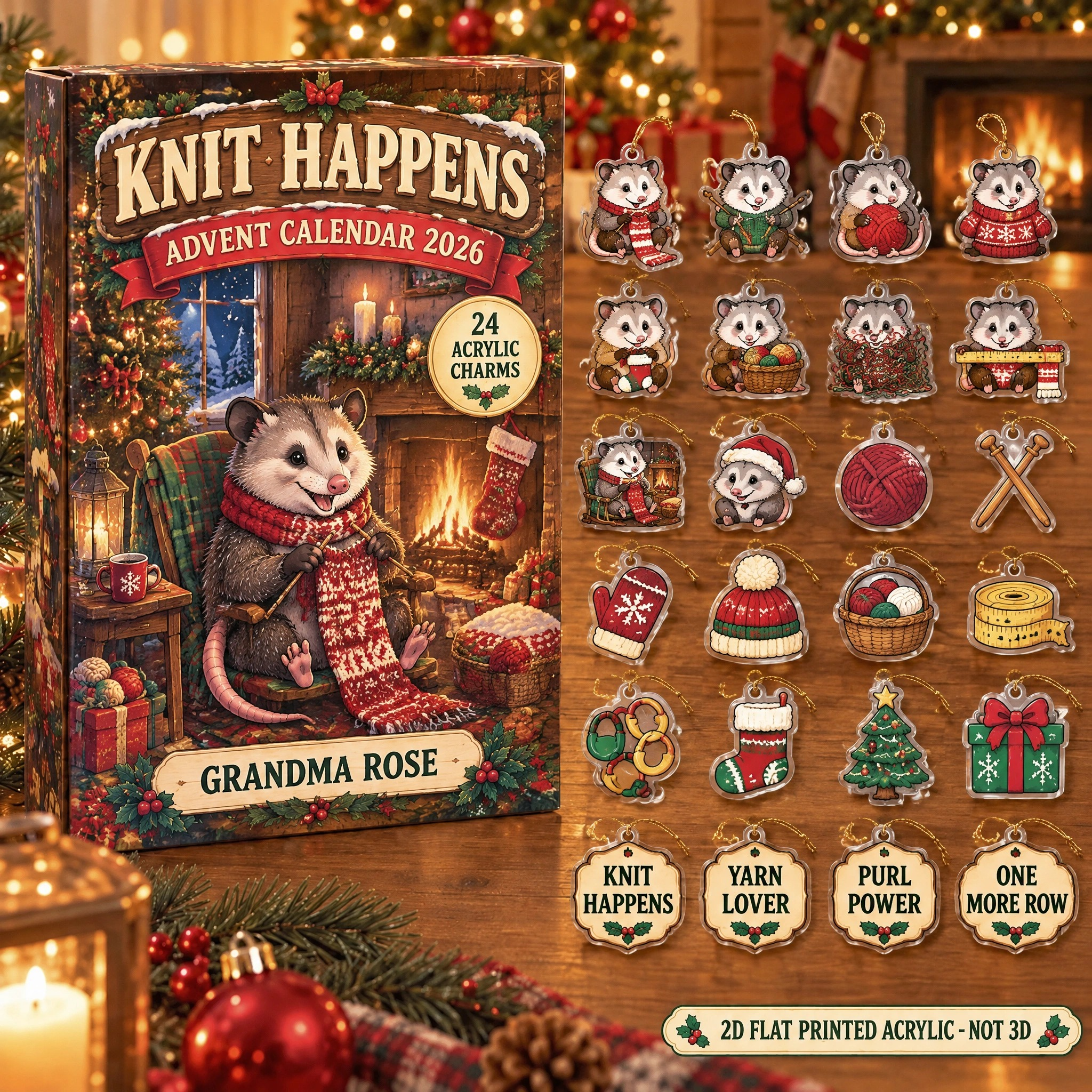 Personalized Knitting Opossum advent calendar box with 24 flat acrylic Christmas charms