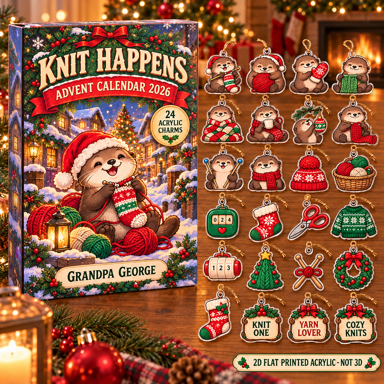 Personalized Knitting Otter advent calendar box with 24 flat acrylic Christmas charms