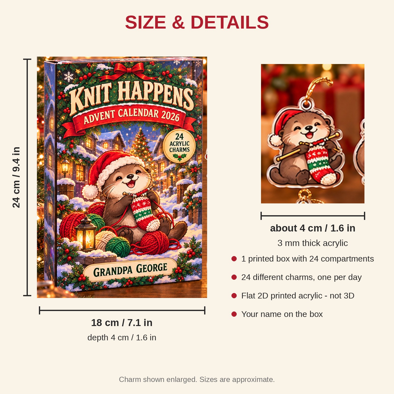 Personalized Knitting Otter advent calendar box with 24 flat acrylic Christmas charms: box and charm sizes