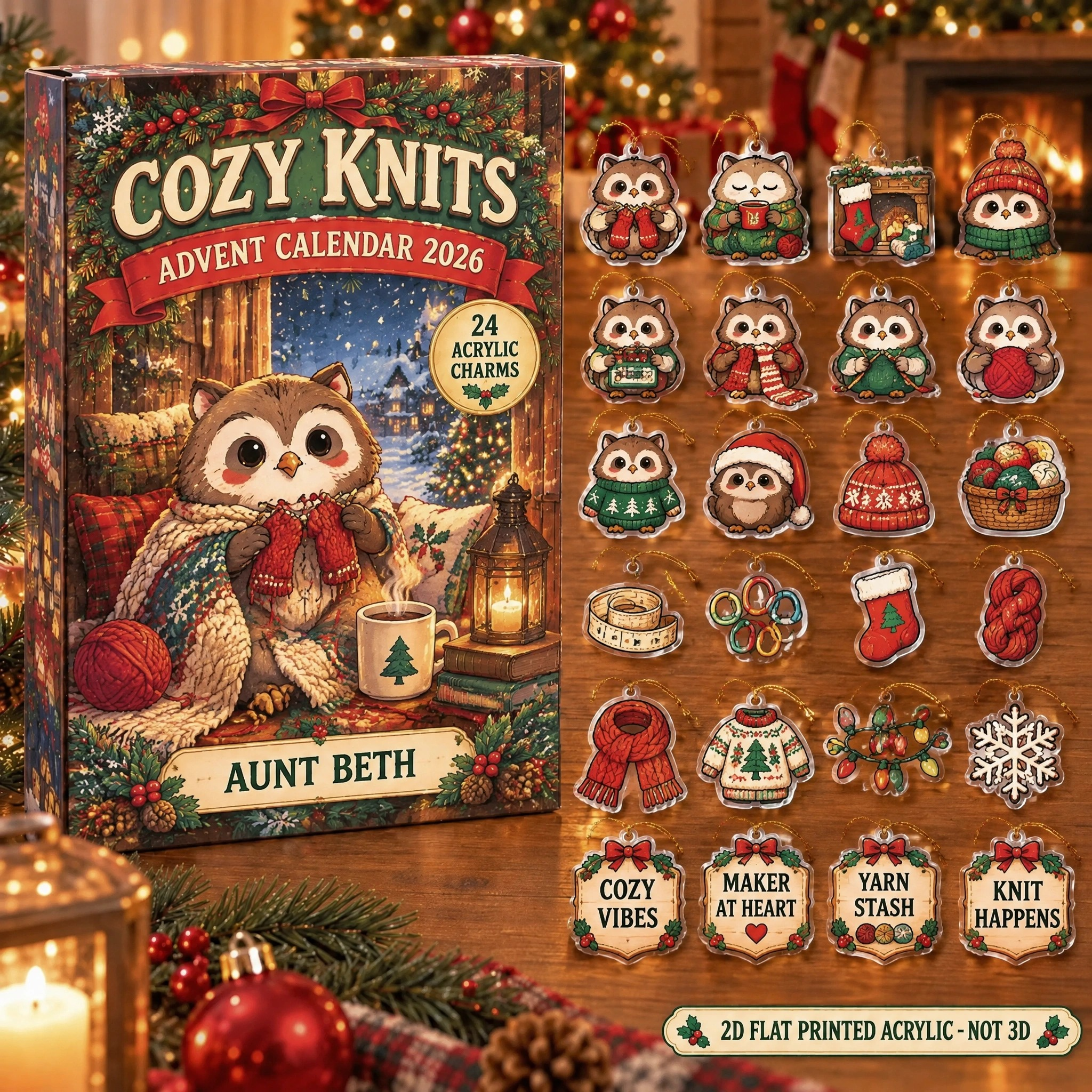 Personalized Knitting Owl advent calendar box with 24 flat acrylic Christmas charms