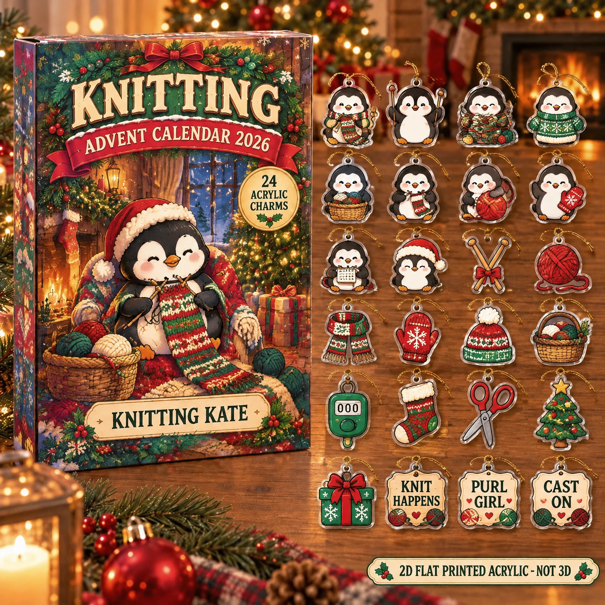 Personalized Knitting Penguin advent calendar box with 24 flat acrylic Christmas charms