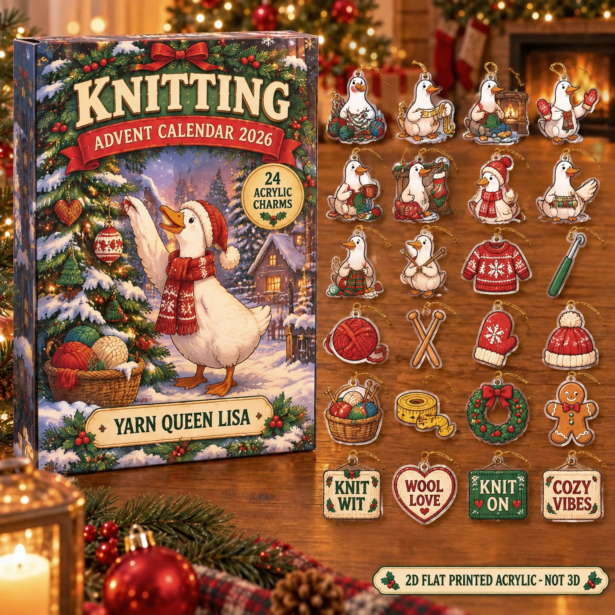 Personalized Knitting Silly Goose advent calendar box with 24 flat acrylic Christmas charms