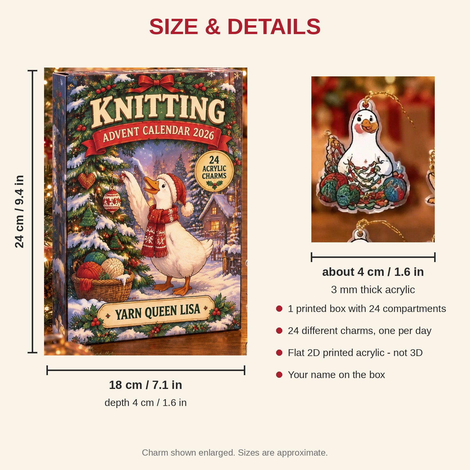 Personalized Knitting Silly Goose advent calendar box with 24 flat acrylic Christmas charms: box and charm sizes