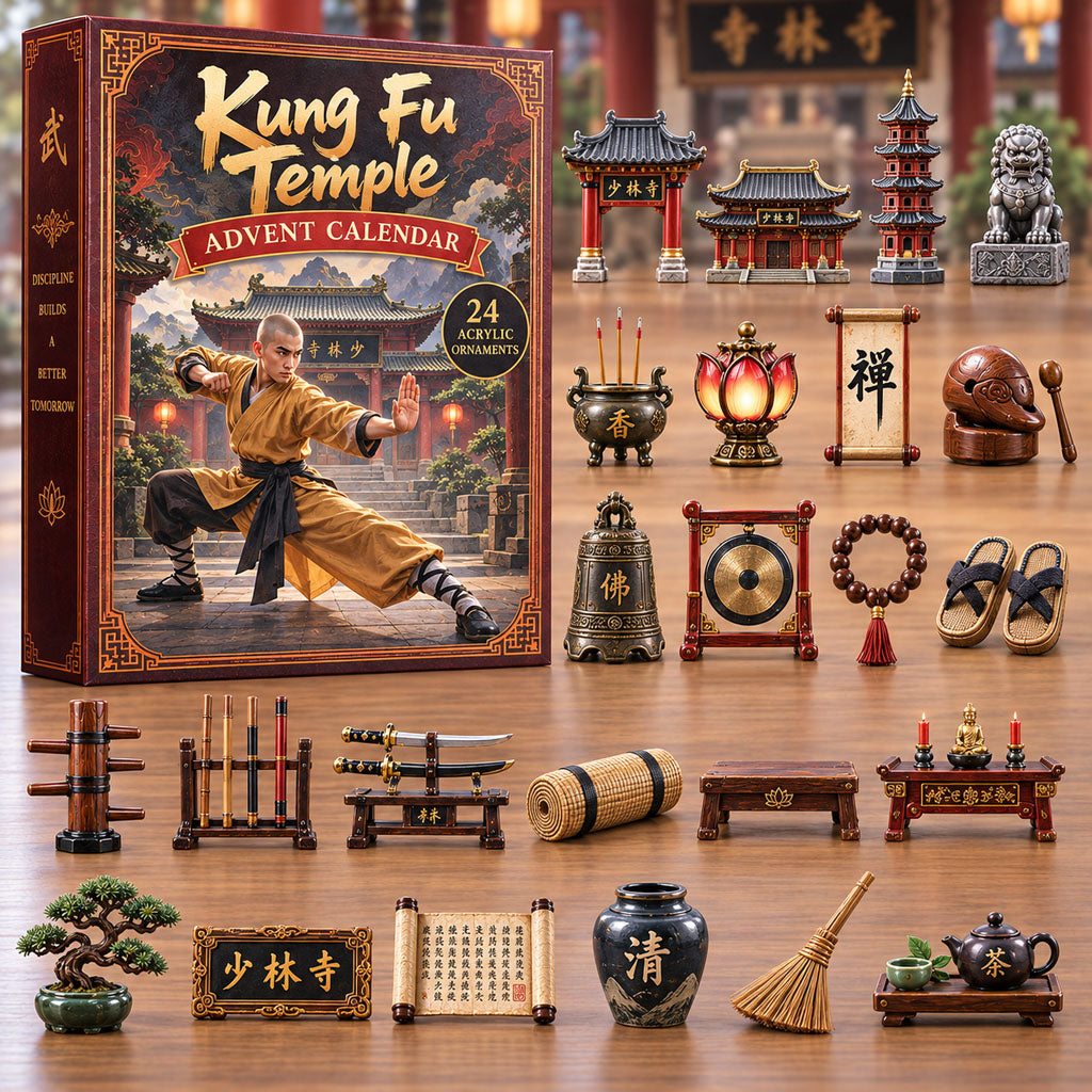 Kung Fu Temple advent calendar box with 24 acrylic Christmas charms