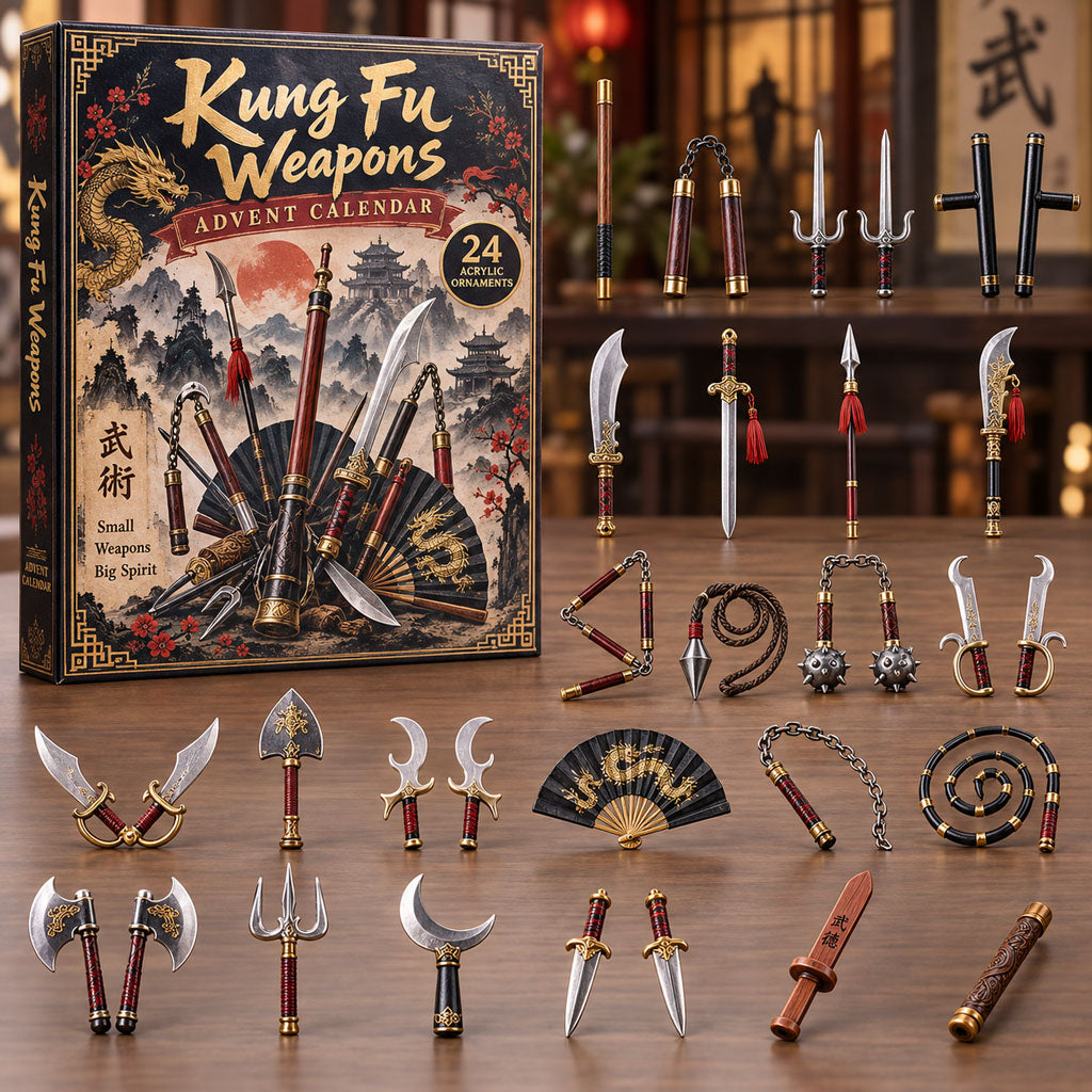 Kung Fu Weapons advent calendar box with 24 acrylic Christmas charms