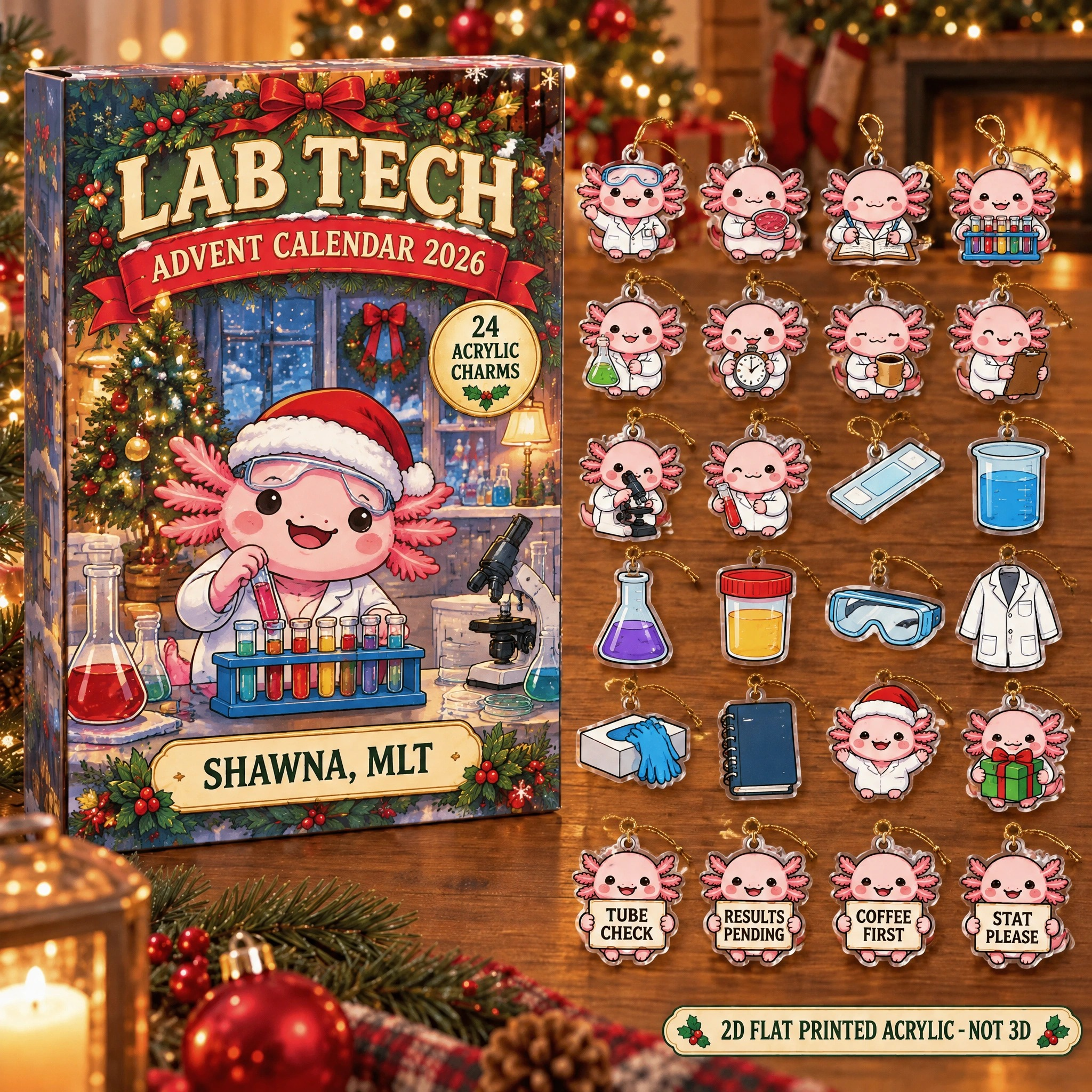 Personalized Lab Tech Axolotl advent calendar box with 24 flat acrylic Christmas charms