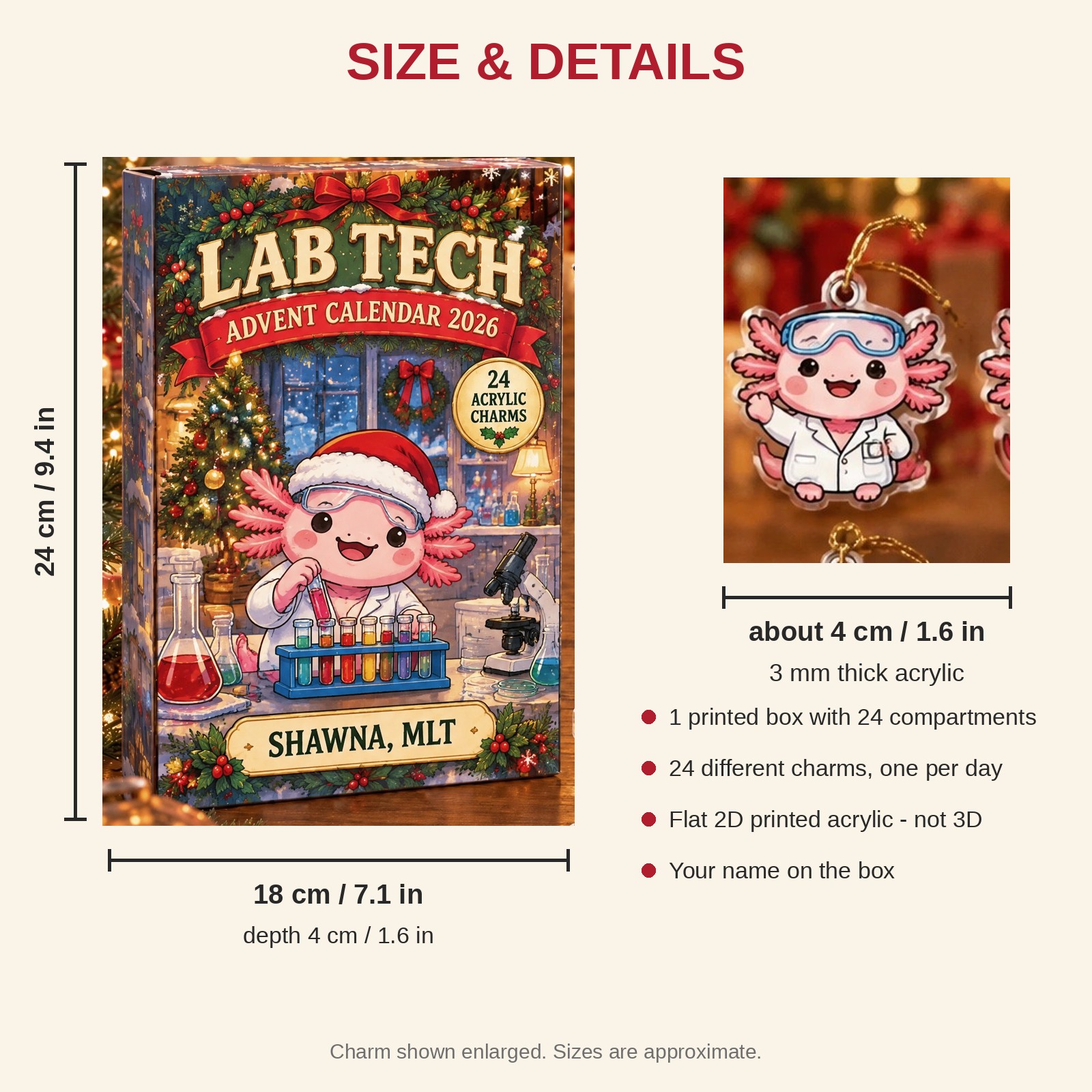 Personalized Lab Tech Axolotl advent calendar box with 24 flat acrylic Christmas charms: box and charm sizes