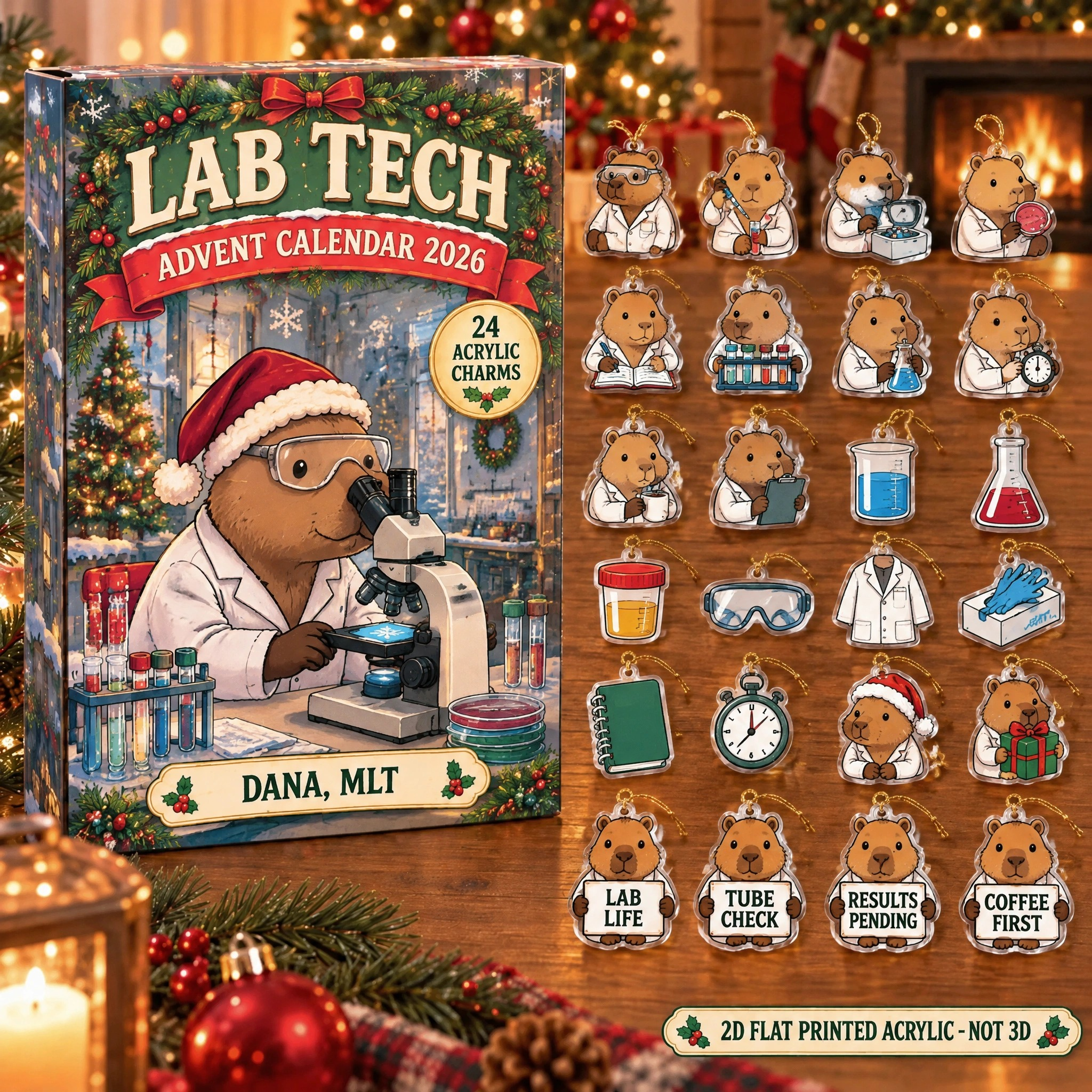 Personalized Lab Tech Capybara advent calendar box with 24 flat acrylic Christmas charms