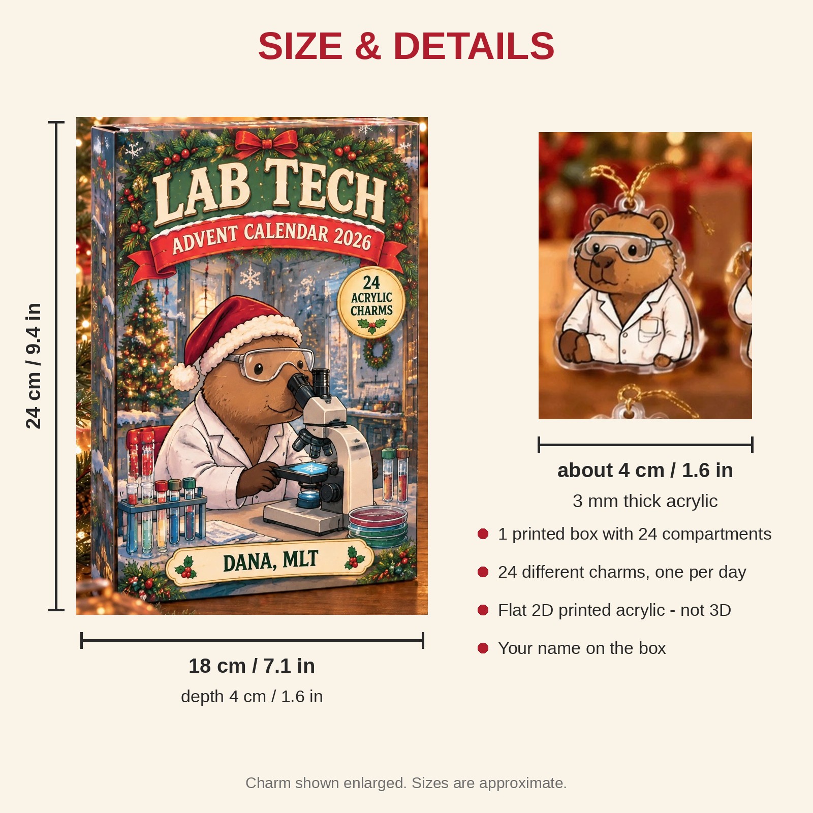 Personalized Lab Tech Capybara advent calendar box with 24 flat acrylic Christmas charms: box and charm sizes