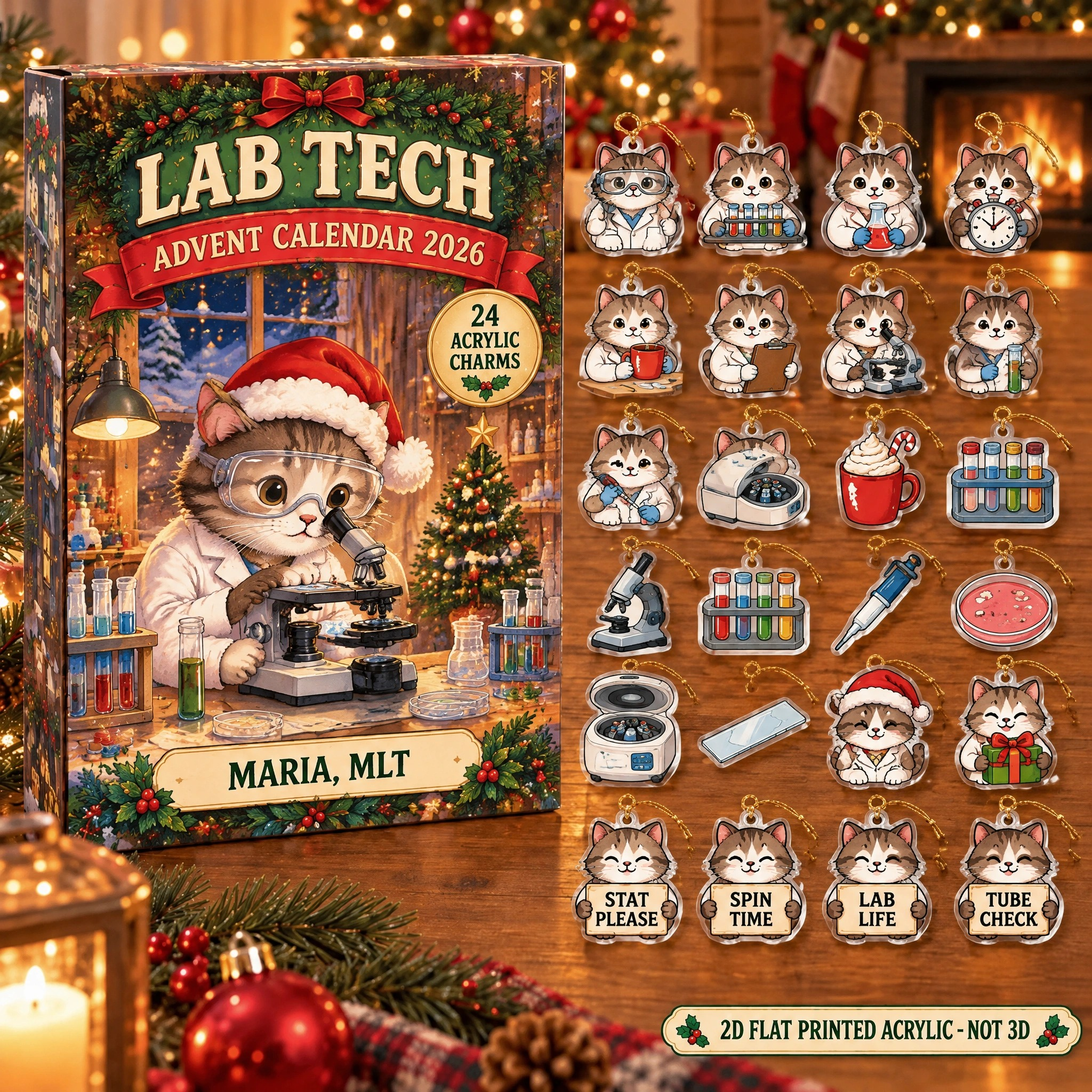 Personalized Lab Tech Cat advent calendar box with 24 flat acrylic Christmas charms