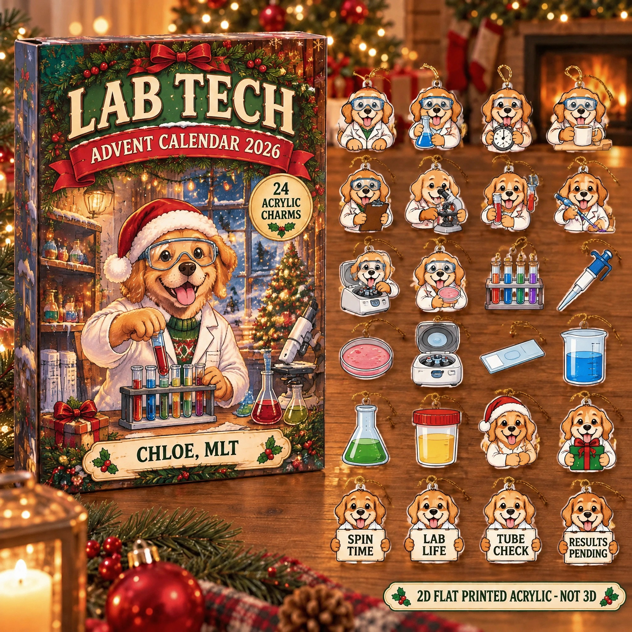Personalized Lab Tech Dog advent calendar box with 24 flat acrylic Christmas charms