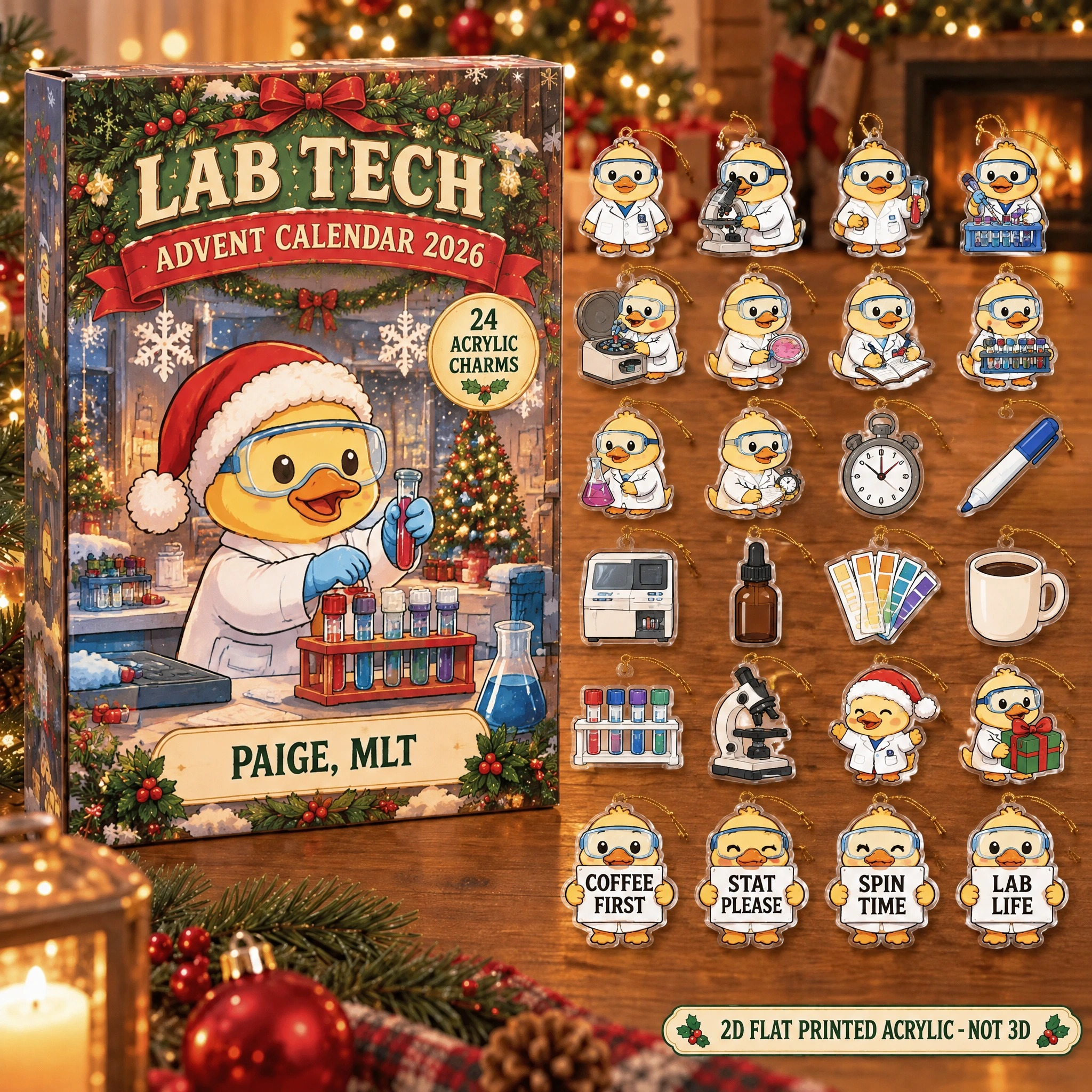 Personalized Lab Tech Duck advent calendar box with 24 flat acrylic Christmas charms