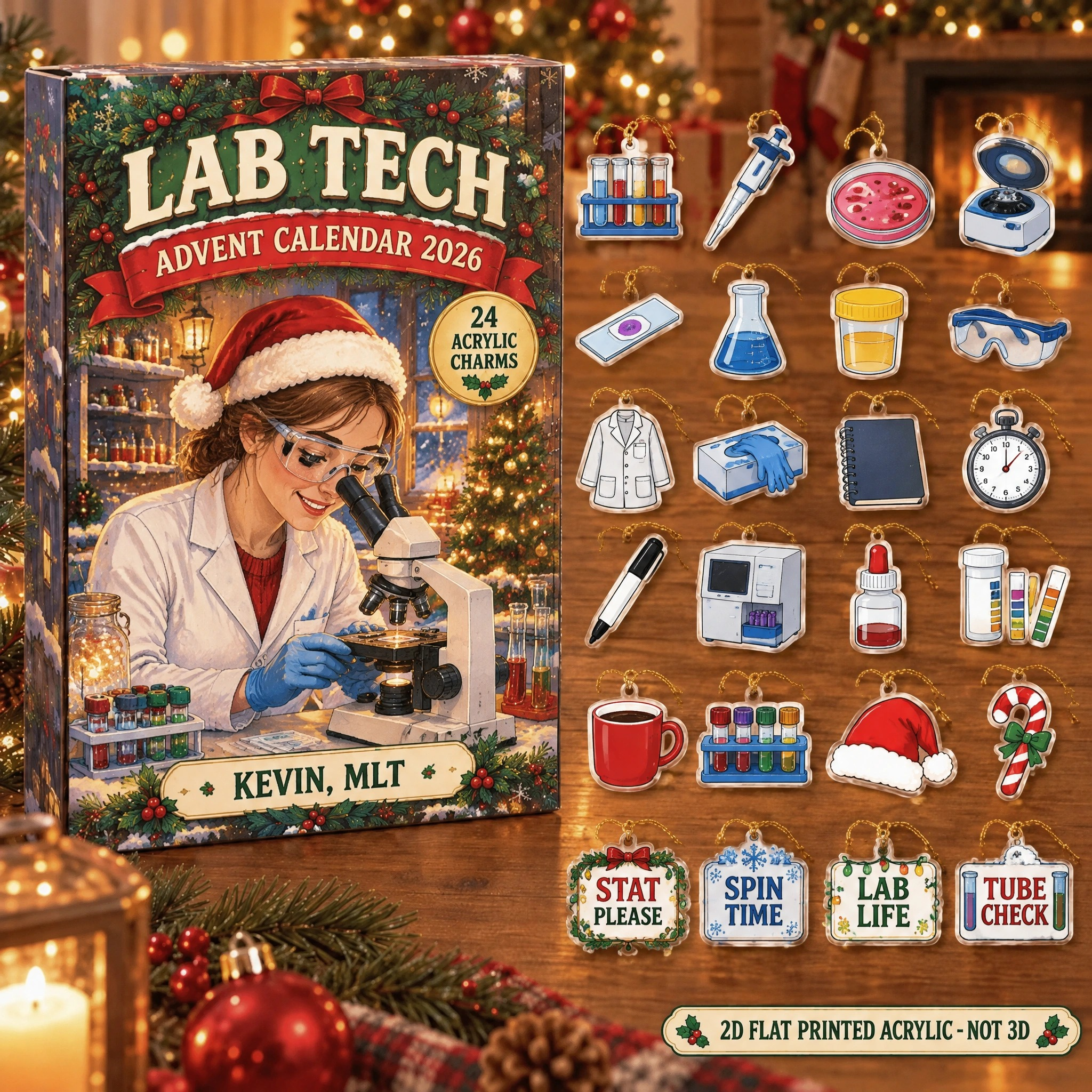 Personalized Lab Tech Essentials advent calendar box with 24 flat acrylic Christmas charms