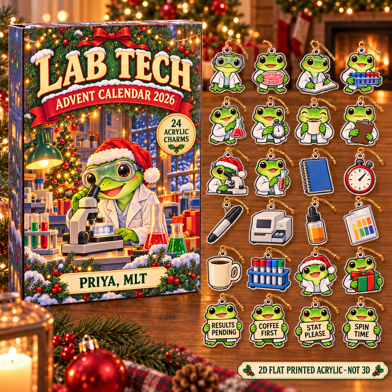 Personalized Lab Tech Frog advent calendar box with 24 flat acrylic Christmas charms