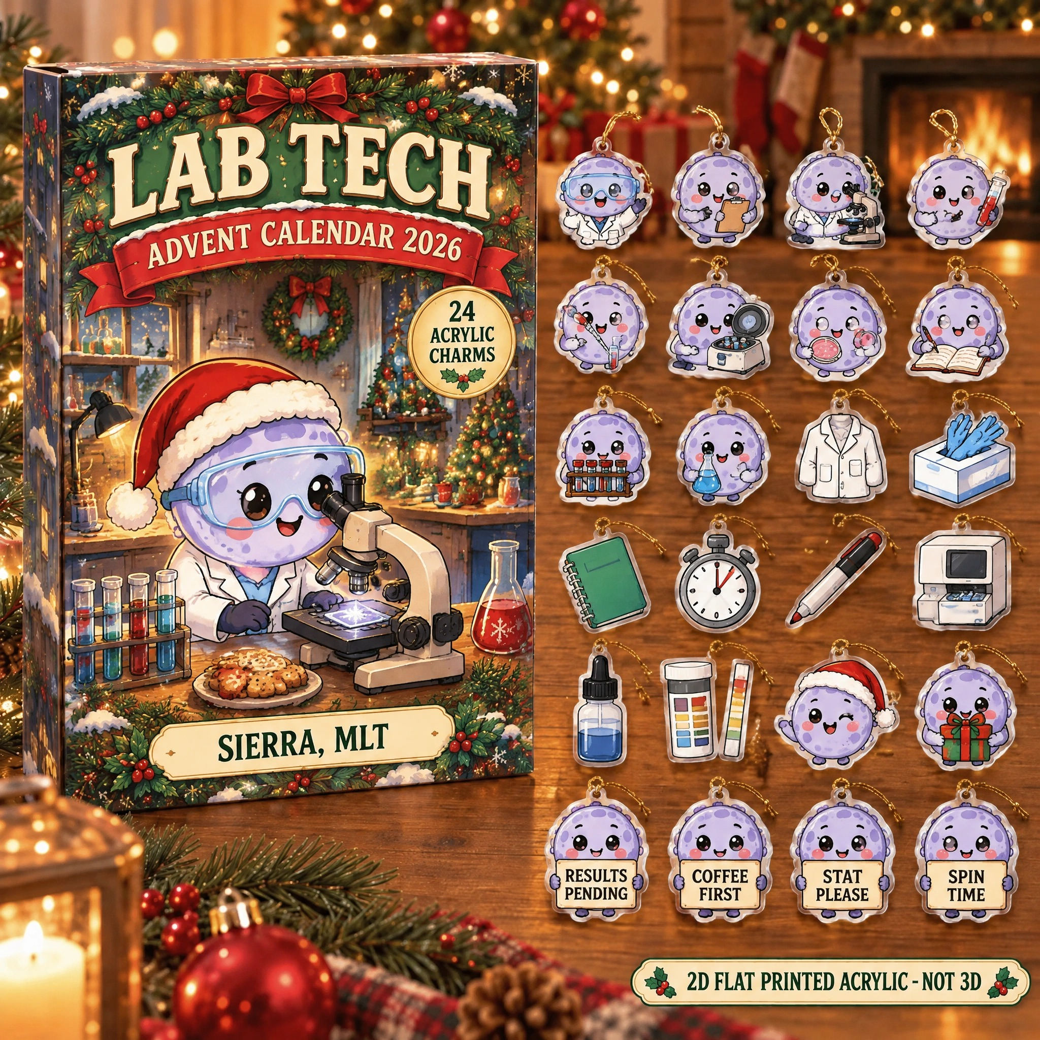 Personalized Funny Anatomy Lab Tech advent calendar box with 24 flat acrylic Christmas charms