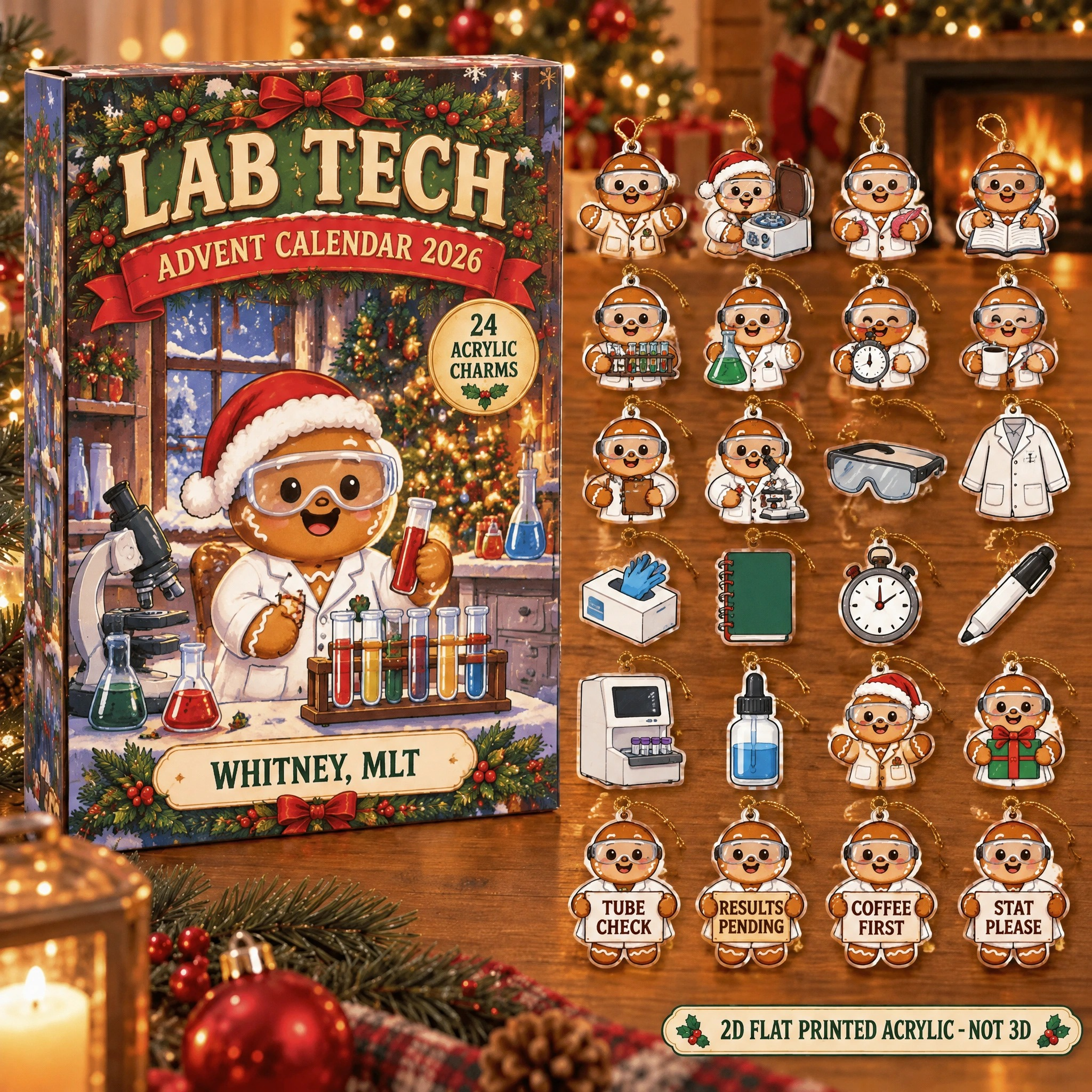 Personalized Gingerbread Lab Tech advent calendar box with 24 flat acrylic Christmas charms